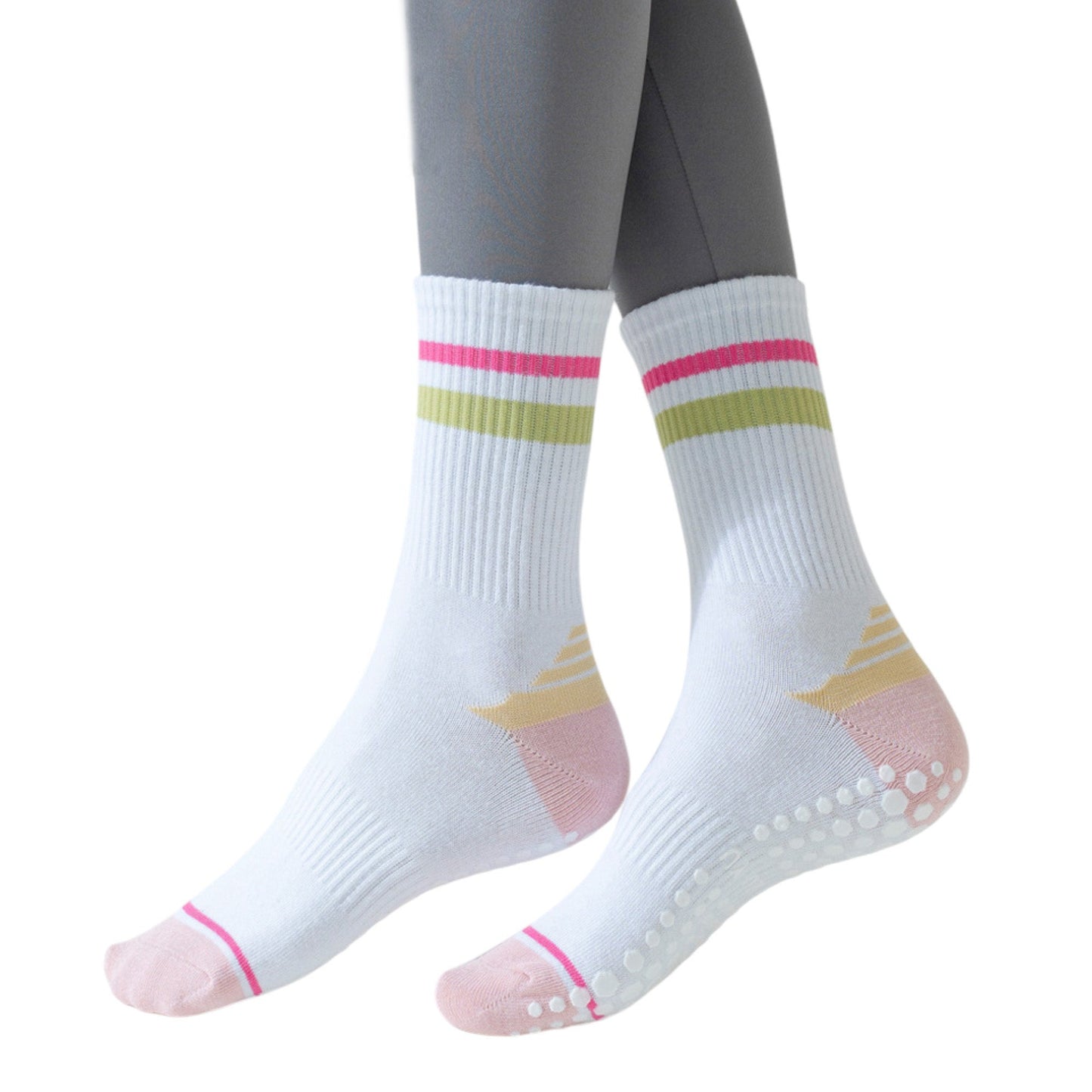 Anna-Kaci 3-Pack Women's Cotton Crew Socks with Color Block Toes Striped Cuffs and Non-Slip Grip Soles