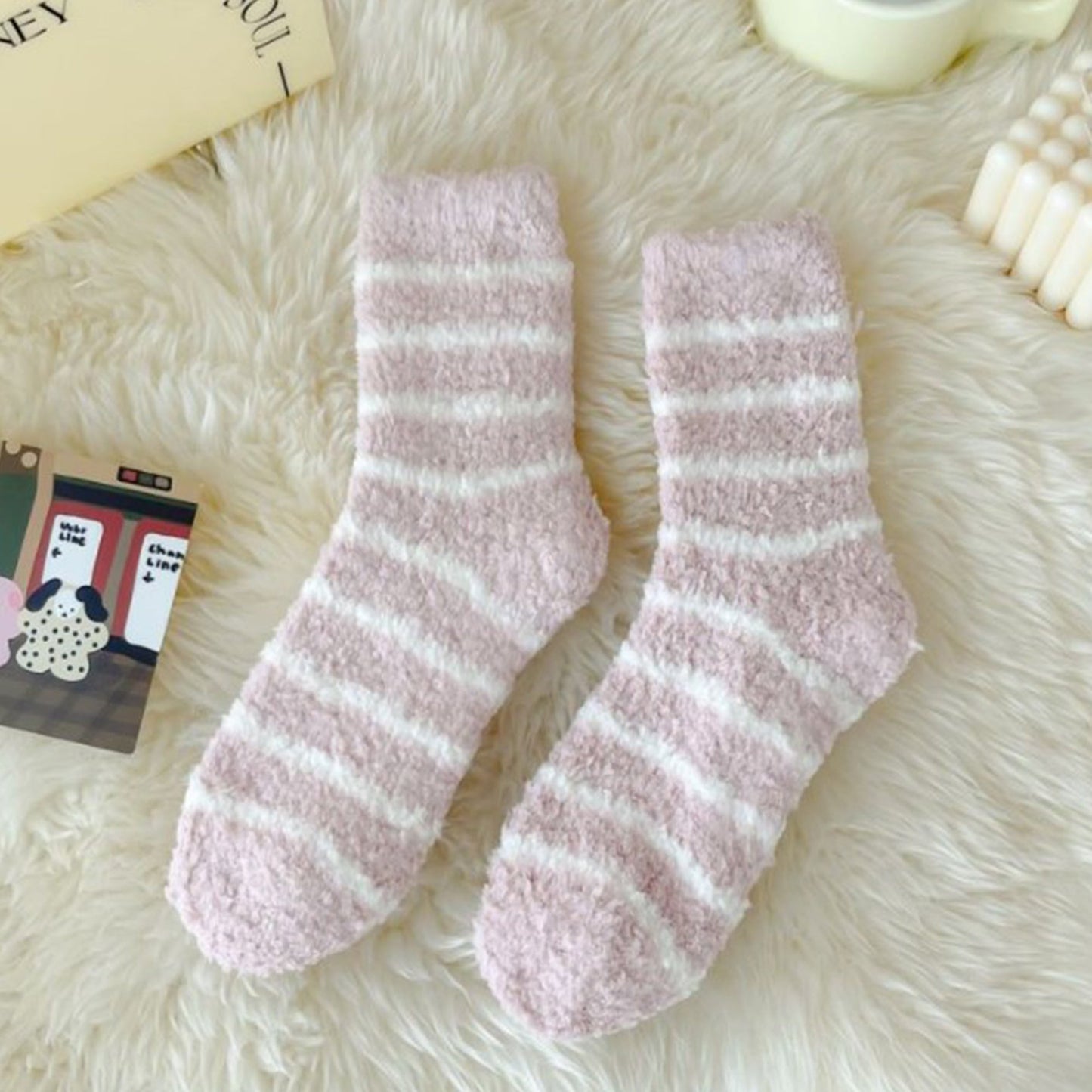 Anna-Kaci 3 Pairs Plush Crew Socks with Cozy Striped Design