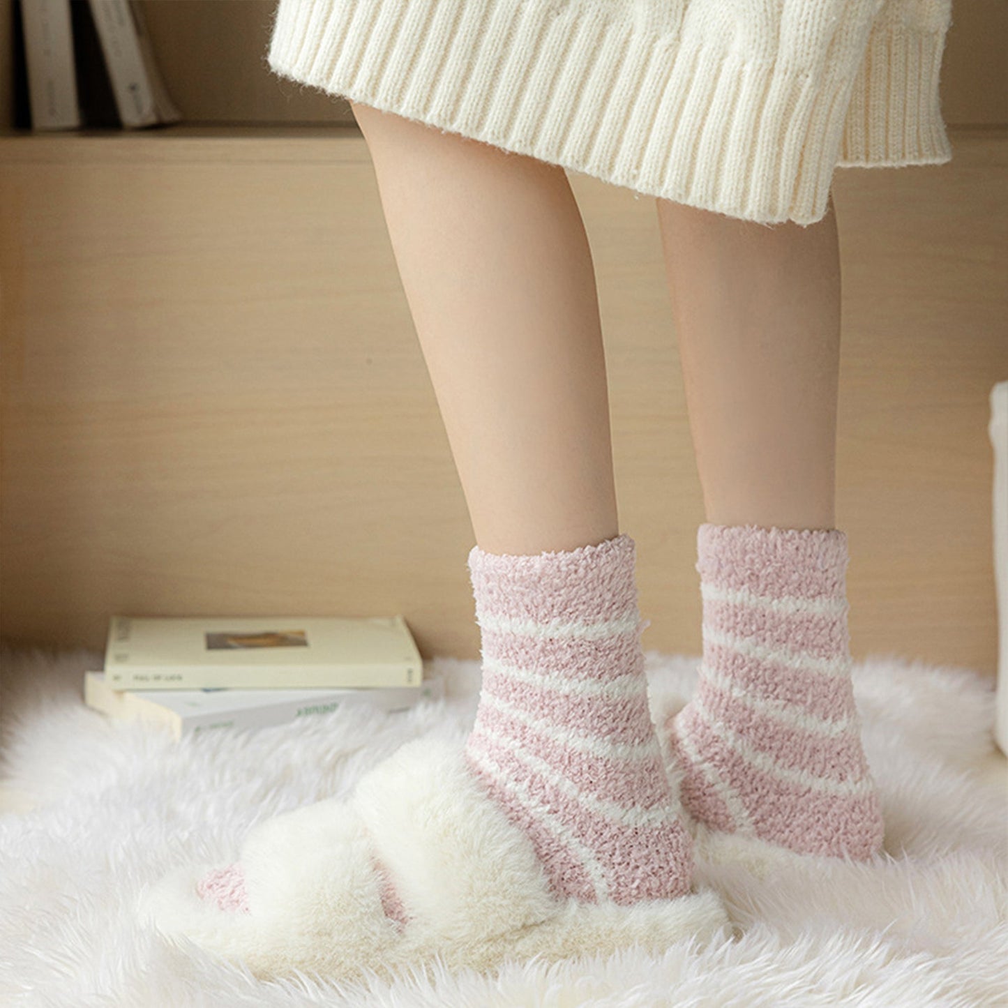 Anna-Kaci 3 Pairs Plush Crew Socks with Cozy Striped Design