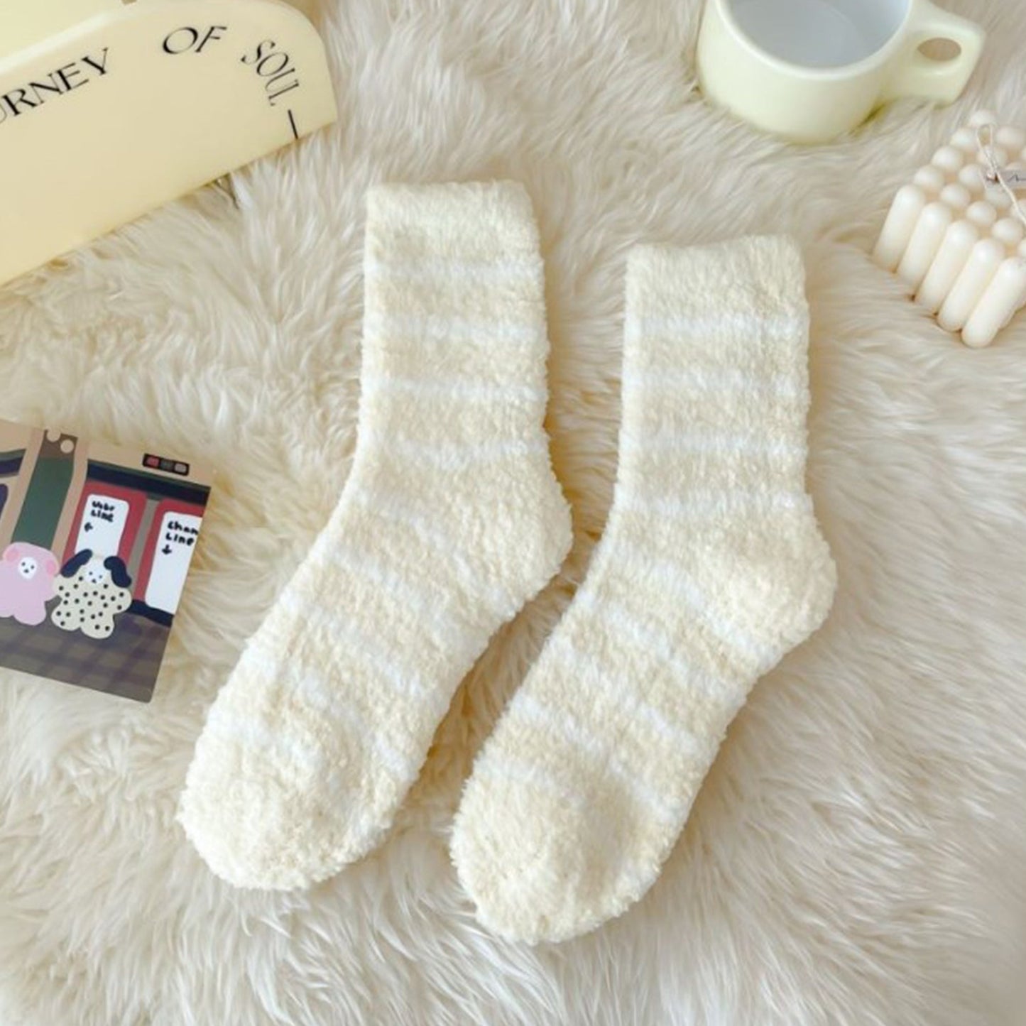 Anna-Kaci 3 Pairs Plush Crew Socks with Cozy Striped Design