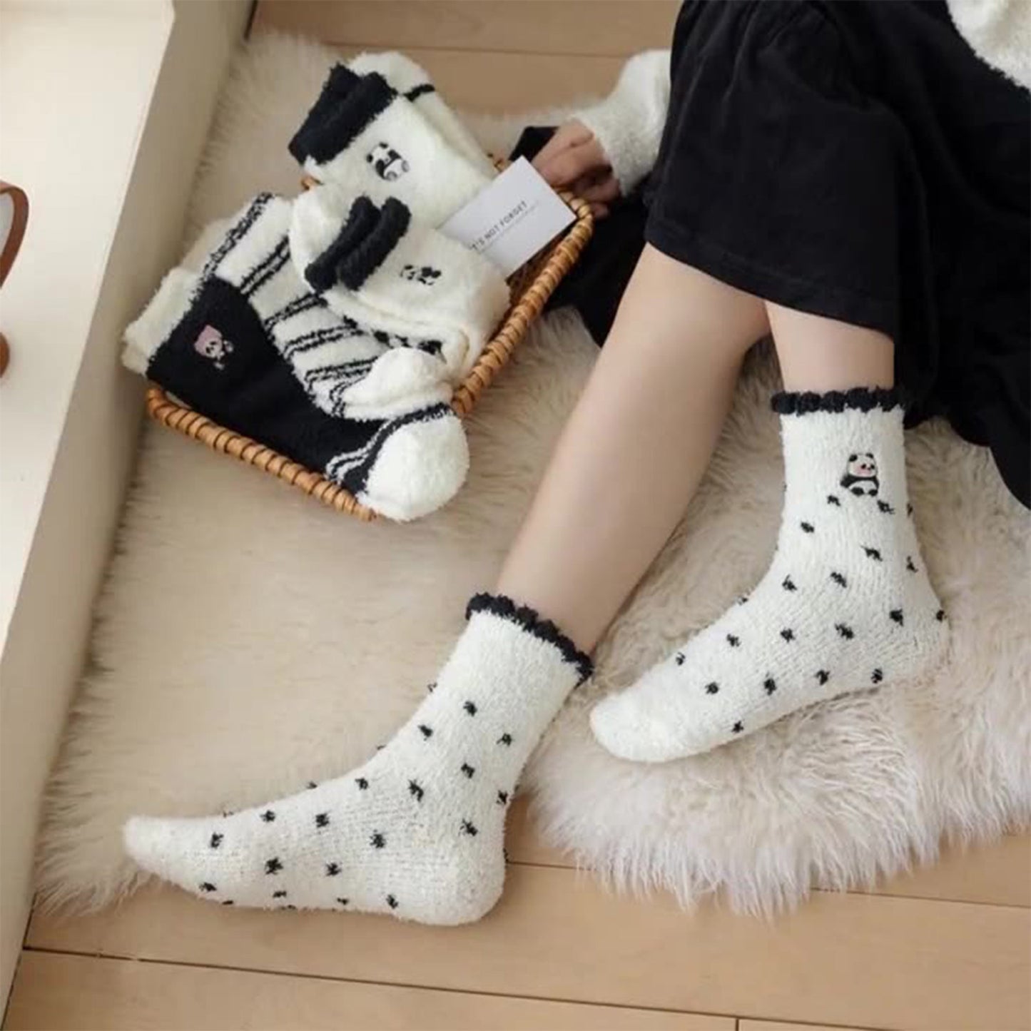 Anna-Kaci 3 Pairs Cozy Fluffy Crew Socks with Cute Panda Embroidery and Fun Pattern Designs