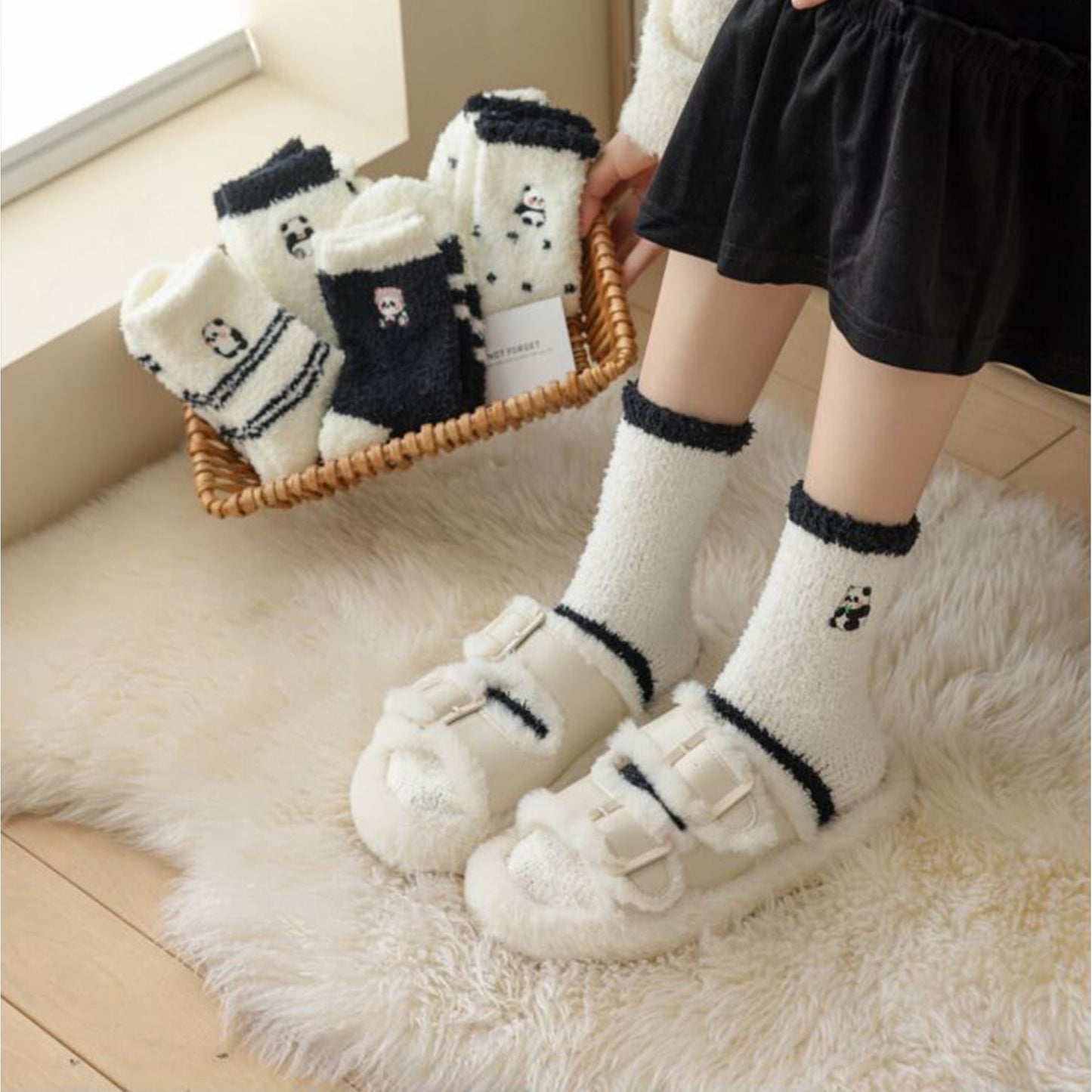Anna-Kaci 3 Pairs Cozy Fluffy Crew Socks with Cute Panda Embroidery and Fun Pattern Designs