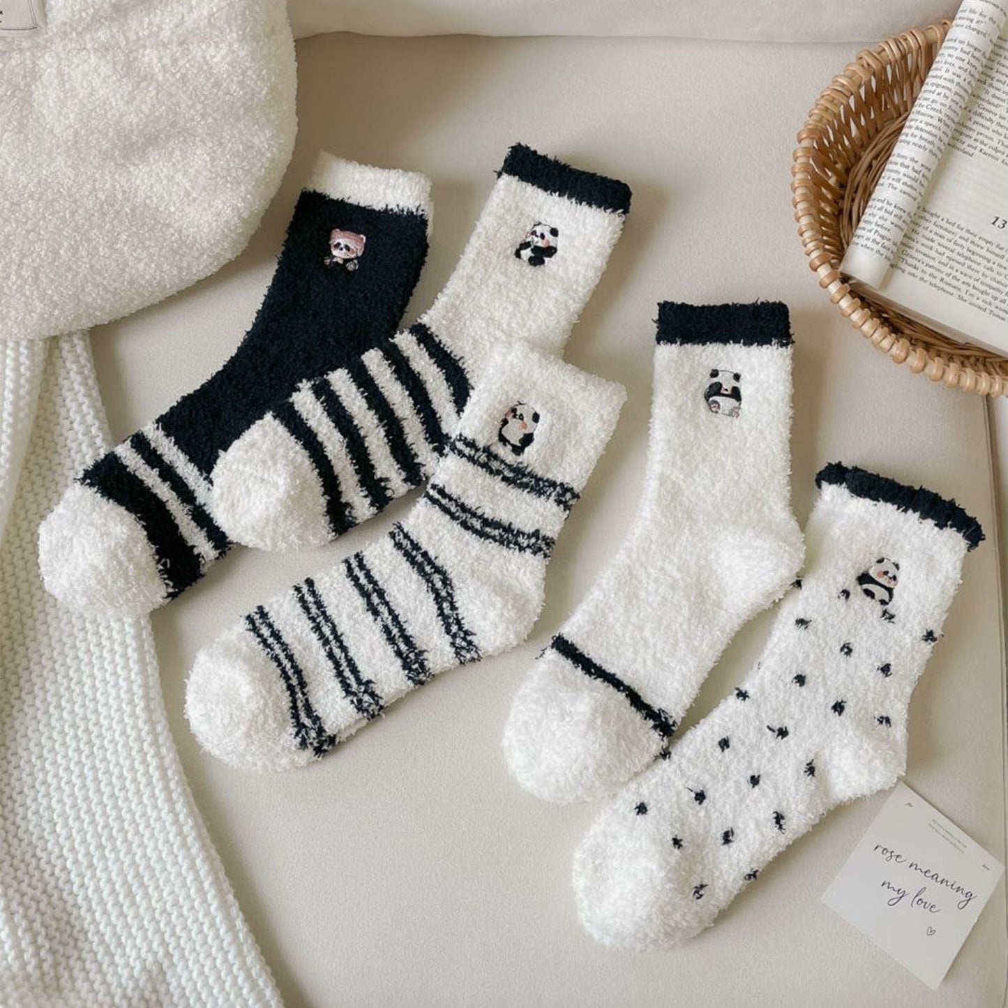 Anna-Kaci 3 Pairs Cozy Fluffy Crew Socks with Cute Panda Embroidery and Fun Pattern Designs