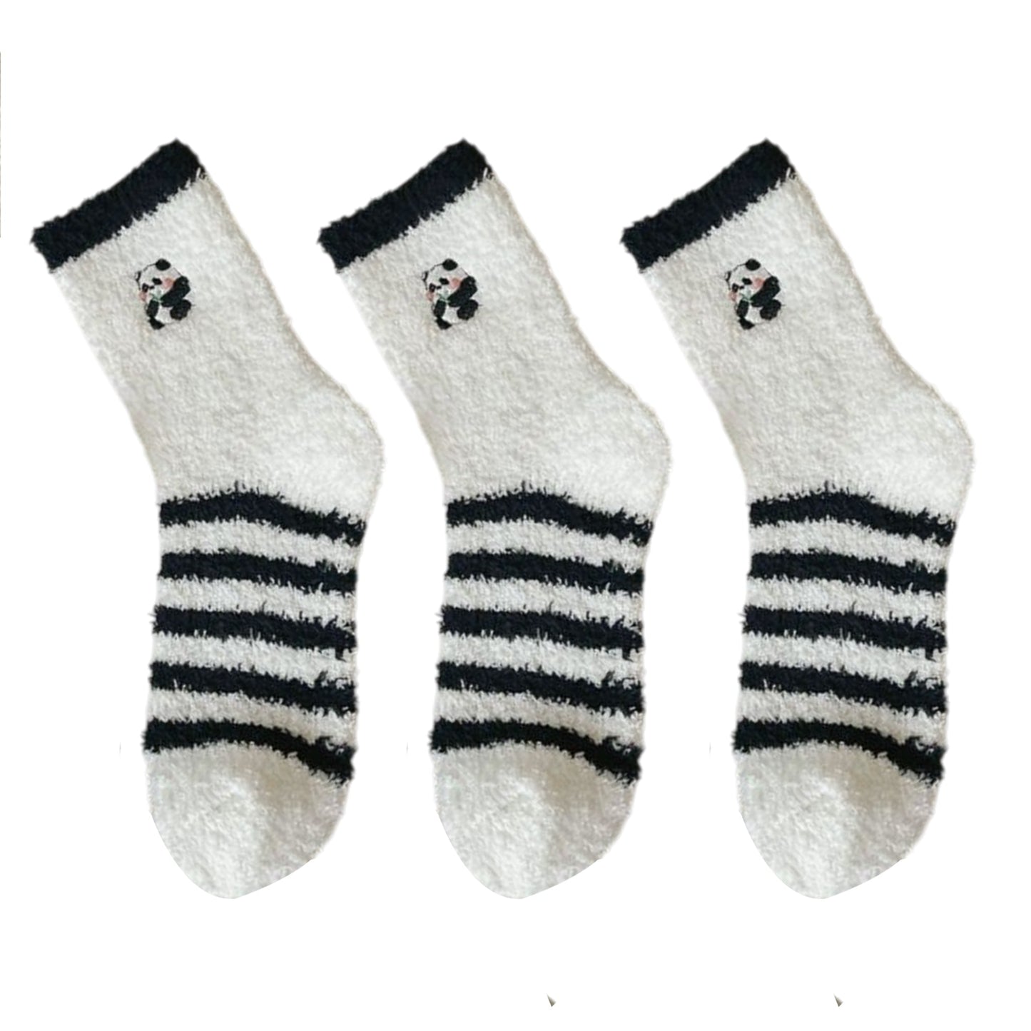 Anna-Kaci 3 Pairs Cozy Fluffy Crew Socks with Cute Panda Embroidery and Fun Pattern Designs