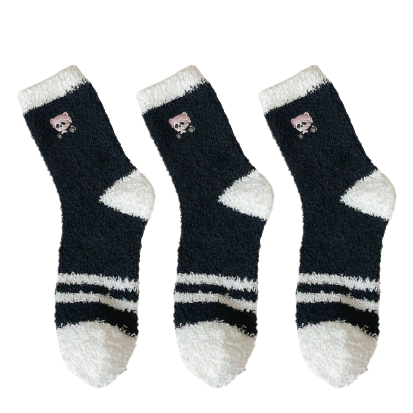 Anna-Kaci 3 Pairs Cozy Fluffy Crew Socks with Cute Panda Embroidery and Fun Pattern Designs