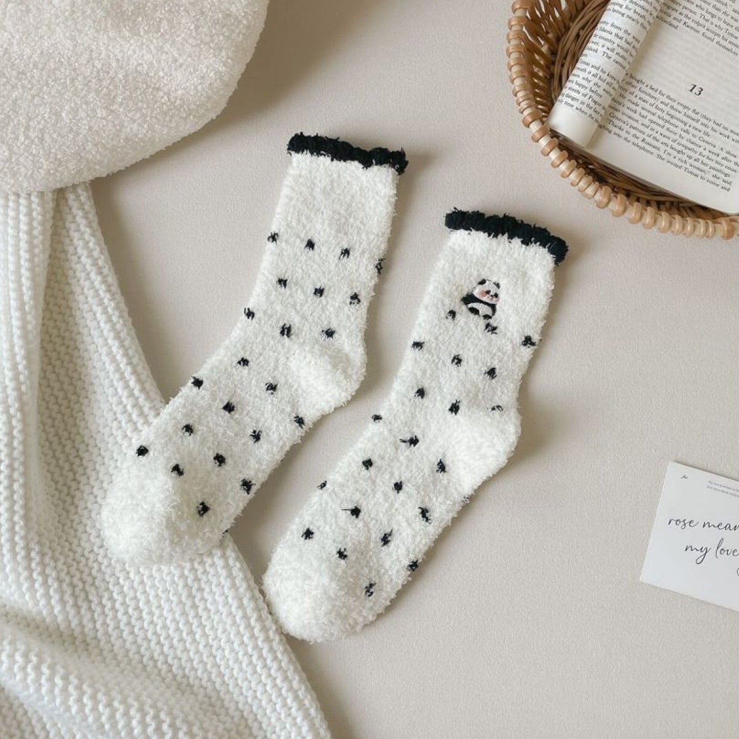Anna-Kaci 3 Pairs Cozy Fluffy Crew Socks with Cute Panda Embroidery and Fun Pattern Designs
