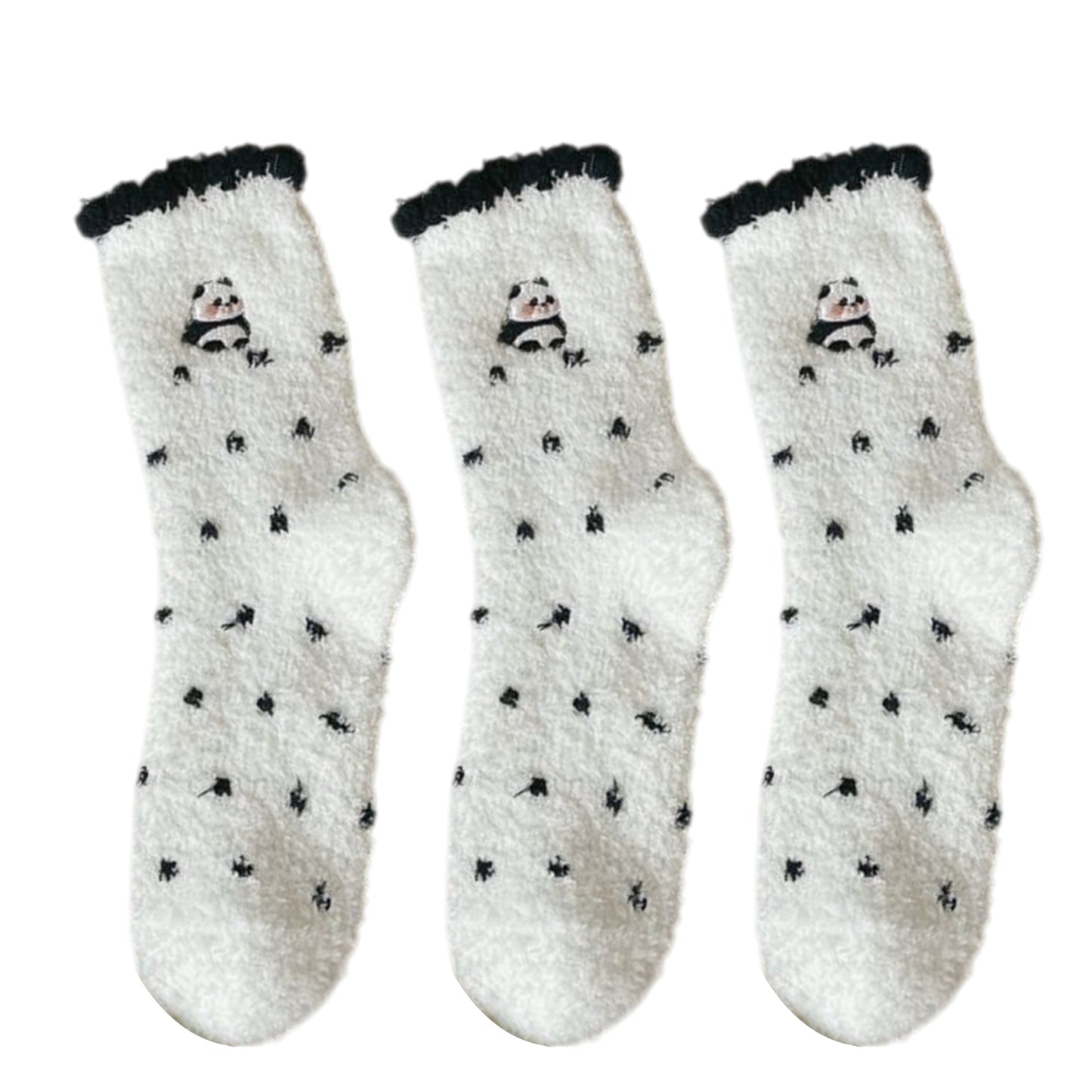 Anna-Kaci 3 Pairs Cozy Fluffy Crew Socks with Cute Panda Embroidery and Fun Pattern Designs