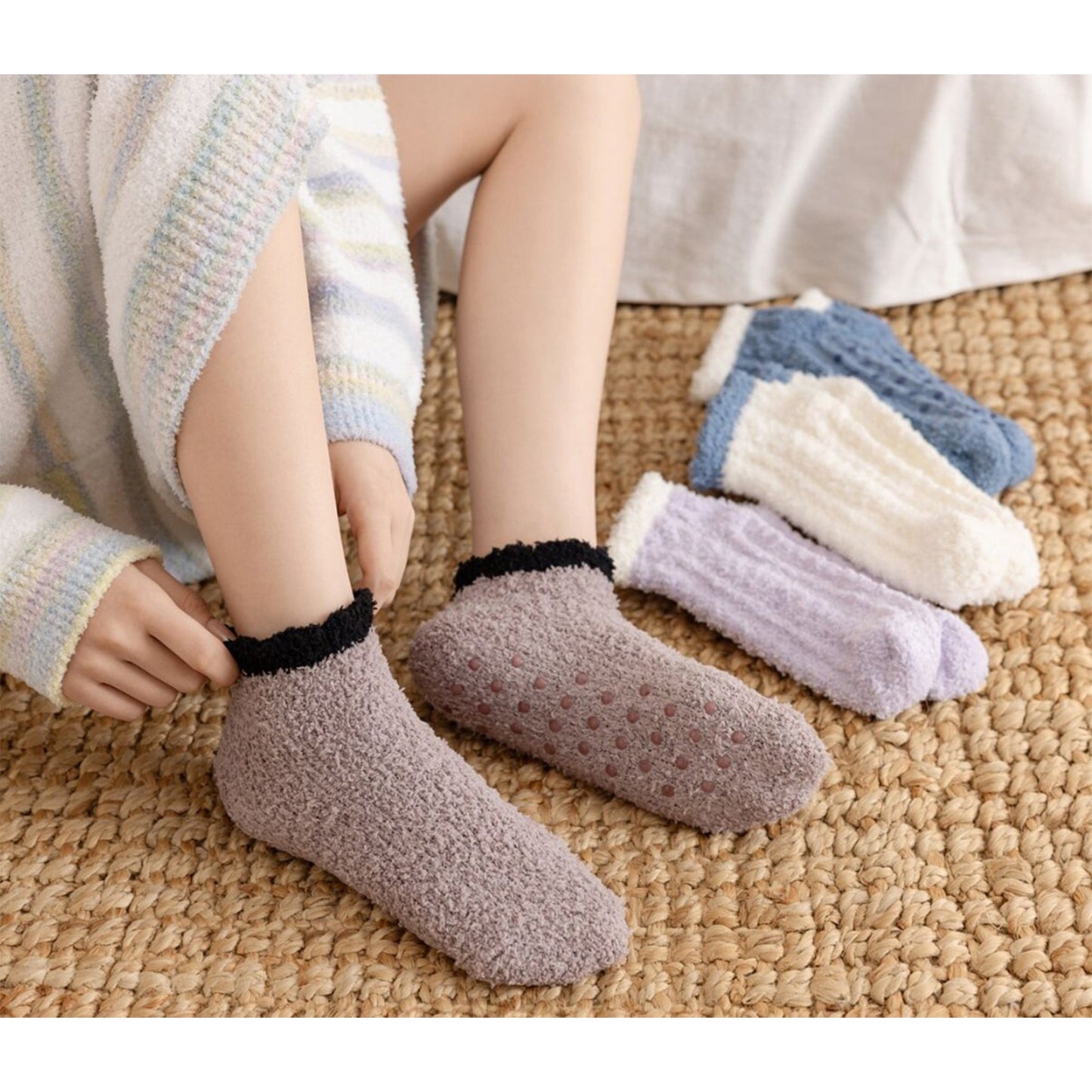 Anna-Kaci 3 Pairs Plush Anti-Slip Fuzzy Ankle Socks with Soft Cuff Trim