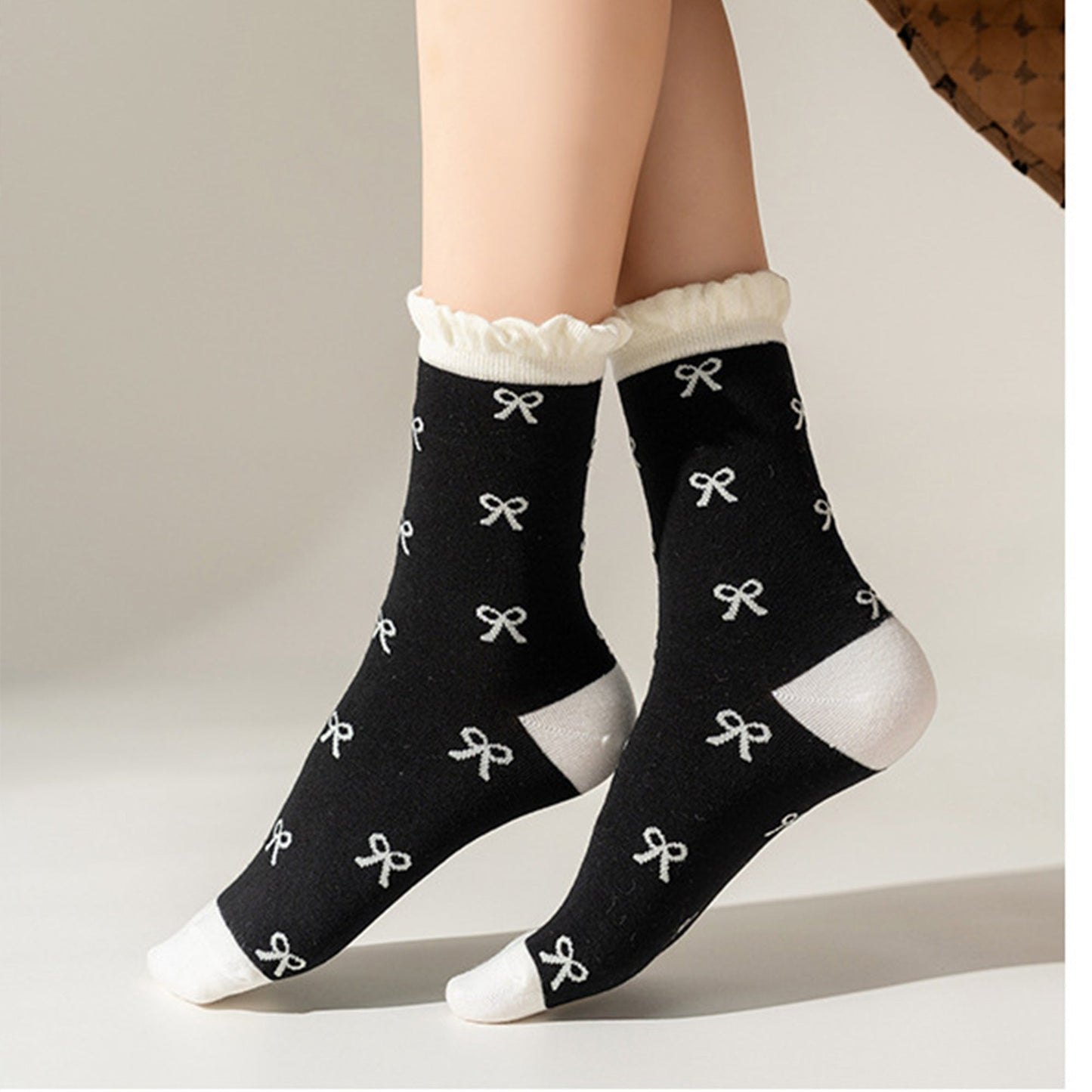 Anna-Kaci 3 Pairs Women's Mid-Calf Socks with Bow Pattern and Ruffled Cuff