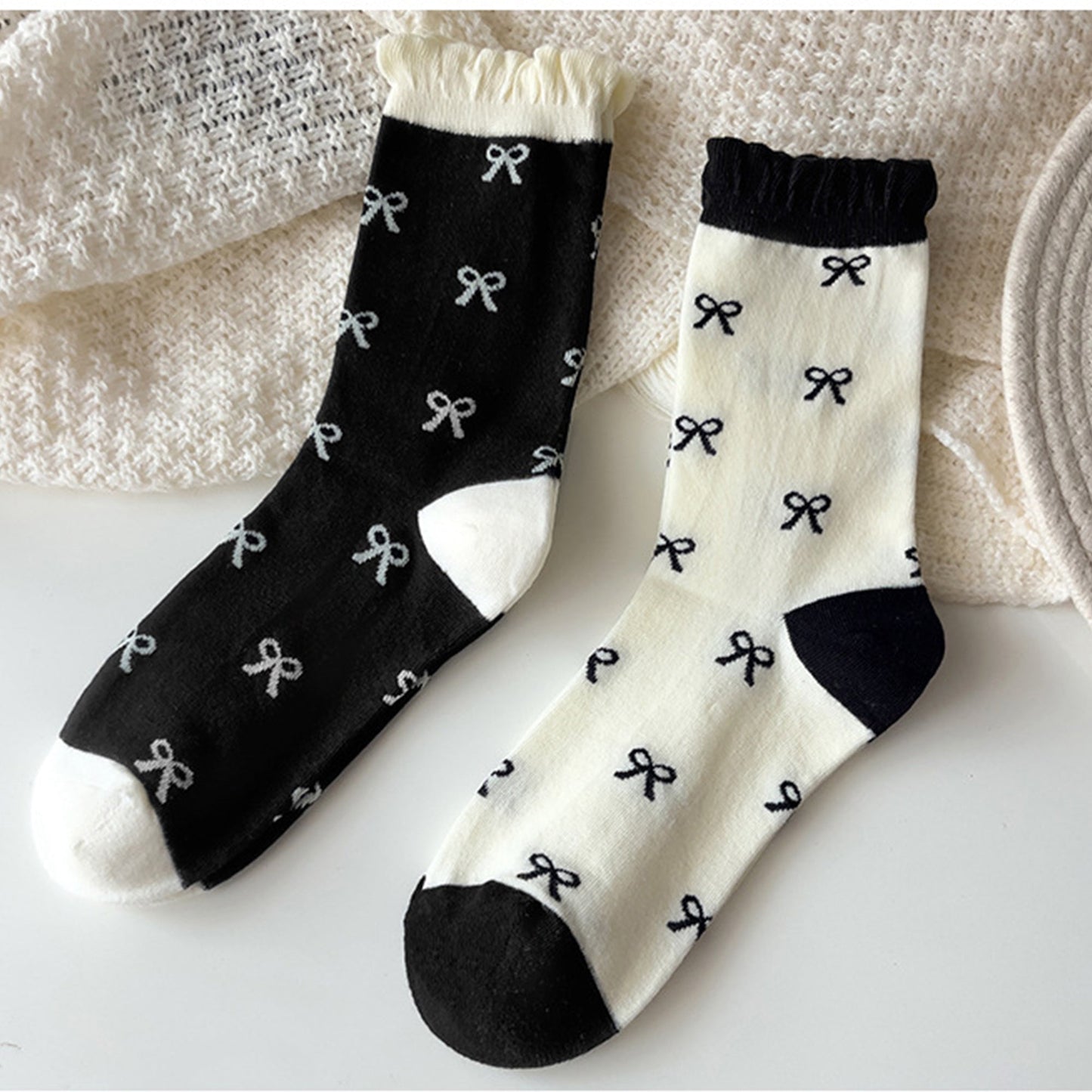 Anna-Kaci 3 Pairs Women's Mid-Calf Socks with Bow Pattern and Ruffled Cuff