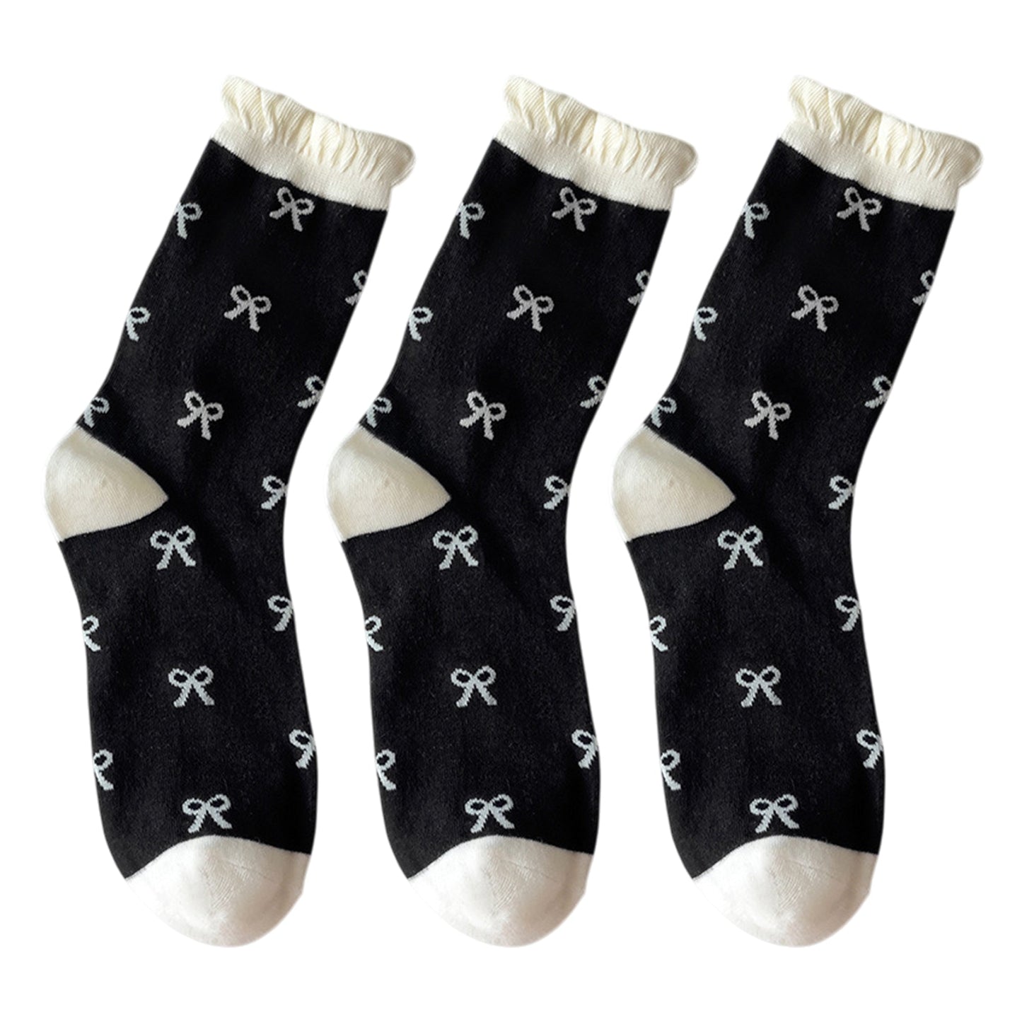 Anna-Kaci 3 Pairs Women's Mid-Calf Socks with Bow Pattern and Ruffled Cuff
