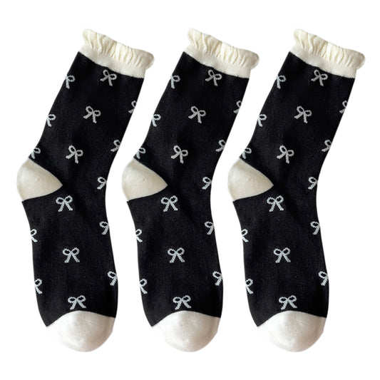 Anna-Kaci 3 Pairs Women's Mid-Calf Socks with Bow Pattern and Ruffled Cuff
