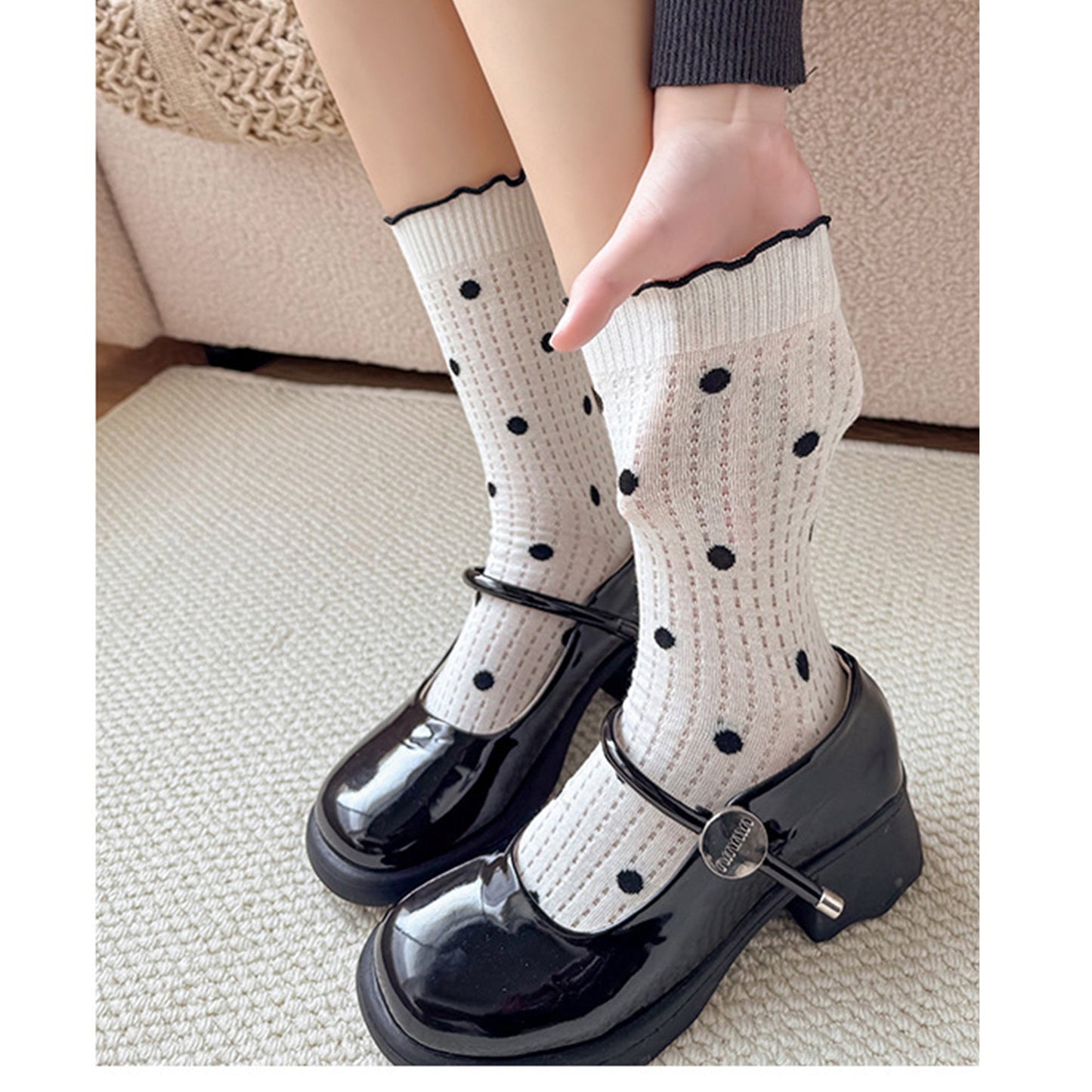 Anna-Kaci 3 Pairs Women's Mid-Calf Polka Dot Socks with Lettuce Edge Cuff