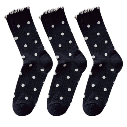 Anna-Kaci 3 Pairs Women's Mid-Calf Polka Dot Socks with Lettuce Edge Cuff
