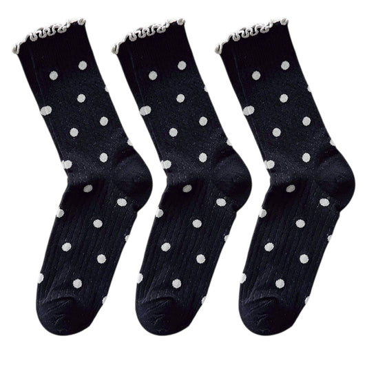 Anna-Kaci 3 Pairs Women's Mid-Calf Polka Dot Socks with Lettuce Edge Cuff