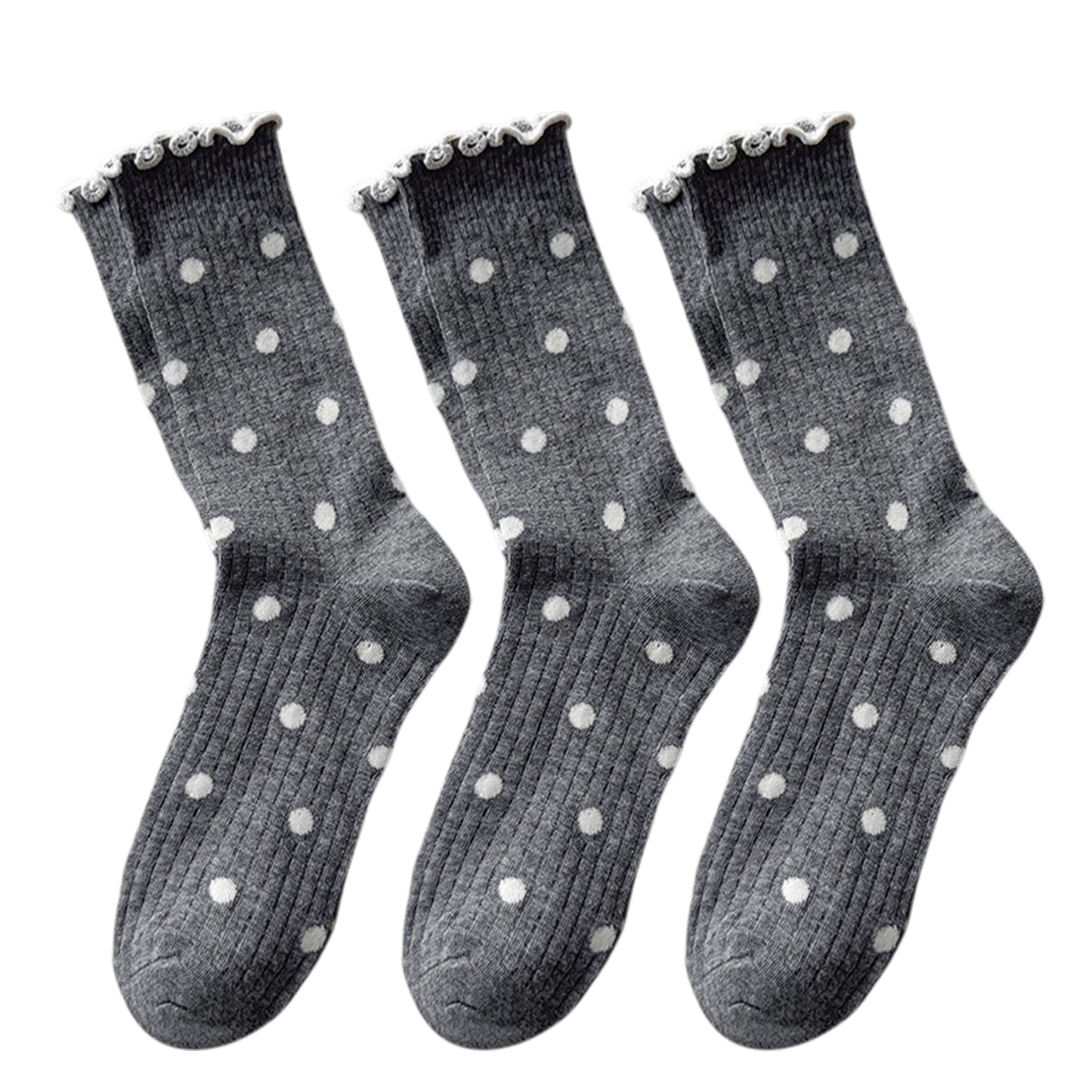 Anna-Kaci 3 Pairs Women's Mid-Calf Polka Dot Socks with Lettuce Edge Cuff