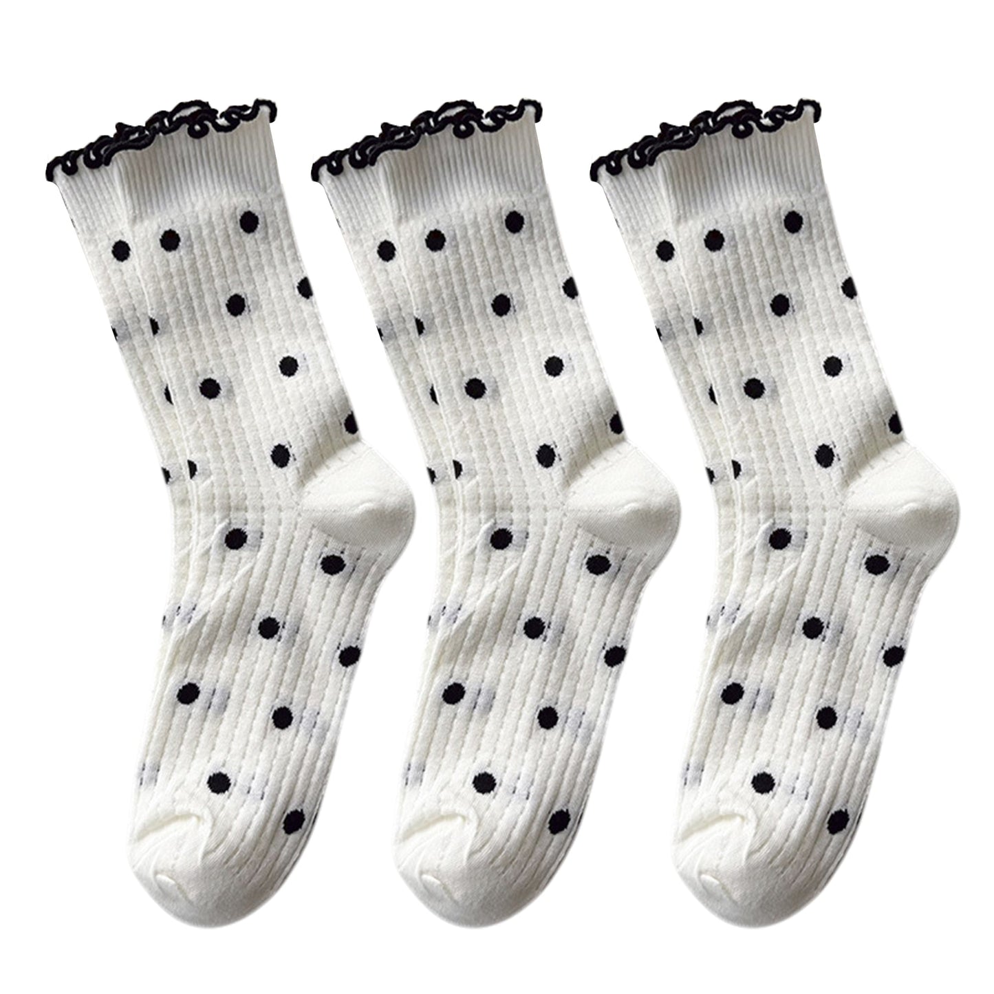 Anna-Kaci 3 Pairs Women's Mid-Calf Polka Dot Socks with Lettuce Edge Cuff
