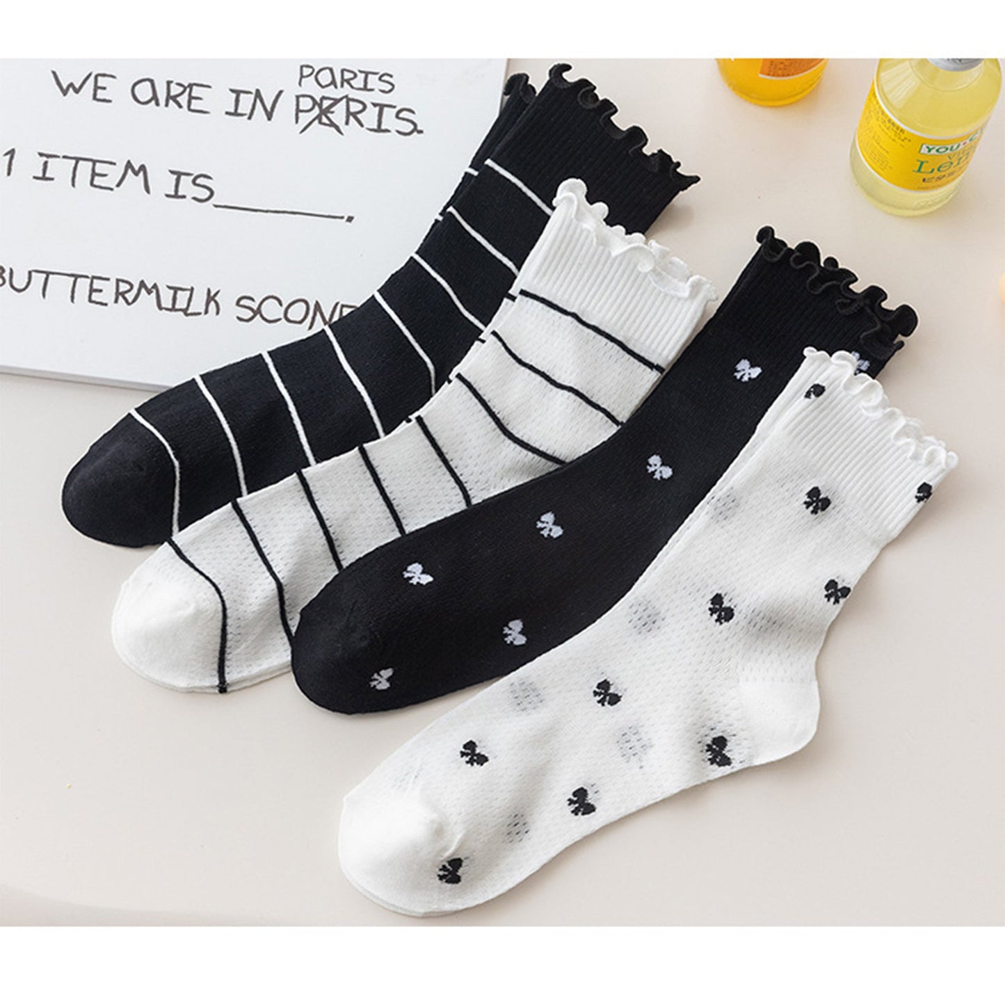 Anna-Kaci 3 Pairs Women's Sheer Mesh Socks with Bow and Stripe Patterns and Ruffled Cuff