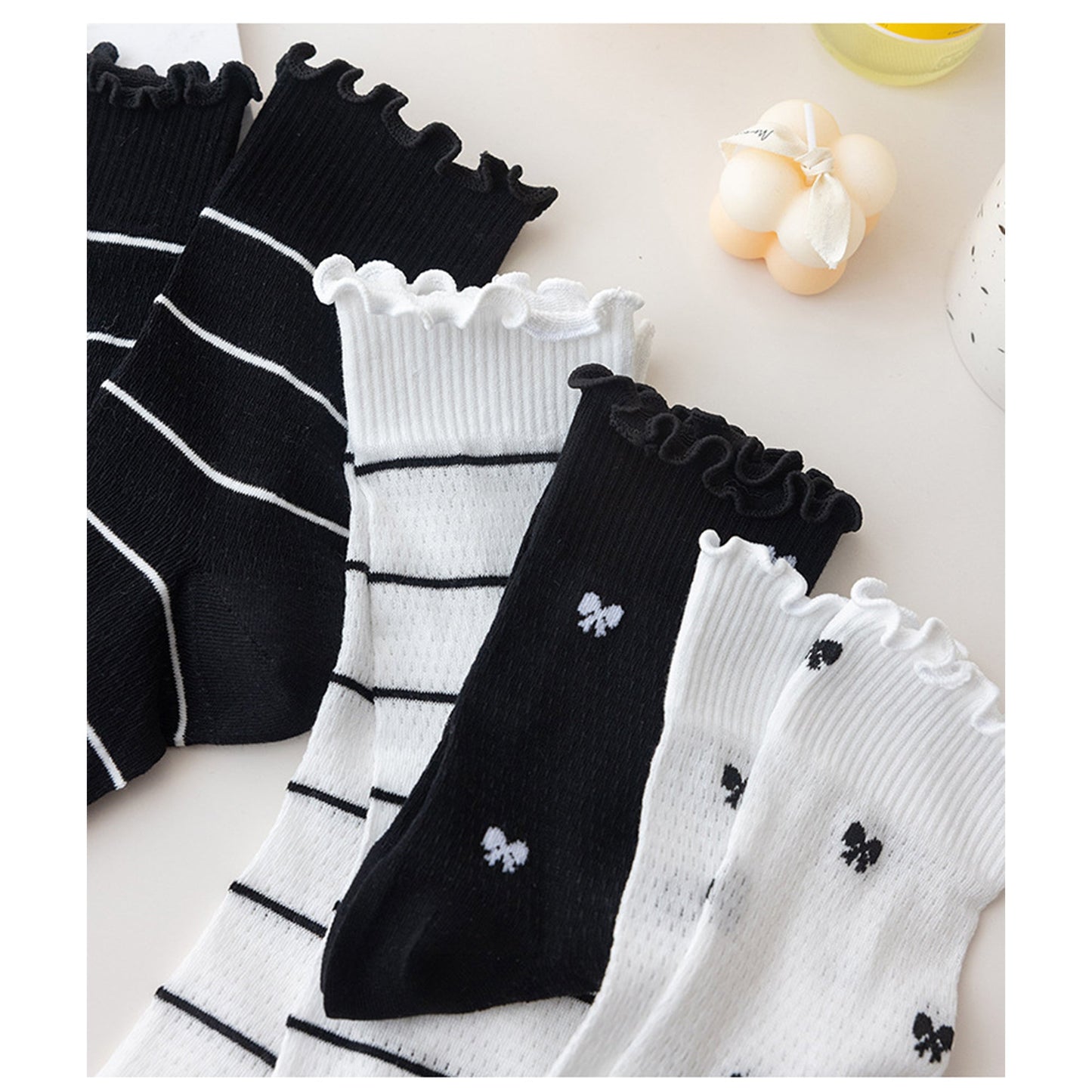 Anna-Kaci 3 Pairs Women's Sheer Mesh Socks with Bow and Stripe Patterns and Ruffled Cuff