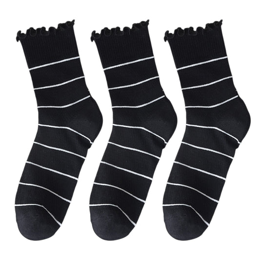 Anna-Kaci 3 Pairs Women's Sheer Mesh Socks with Bow and Stripe Patterns and Ruffled Cuff