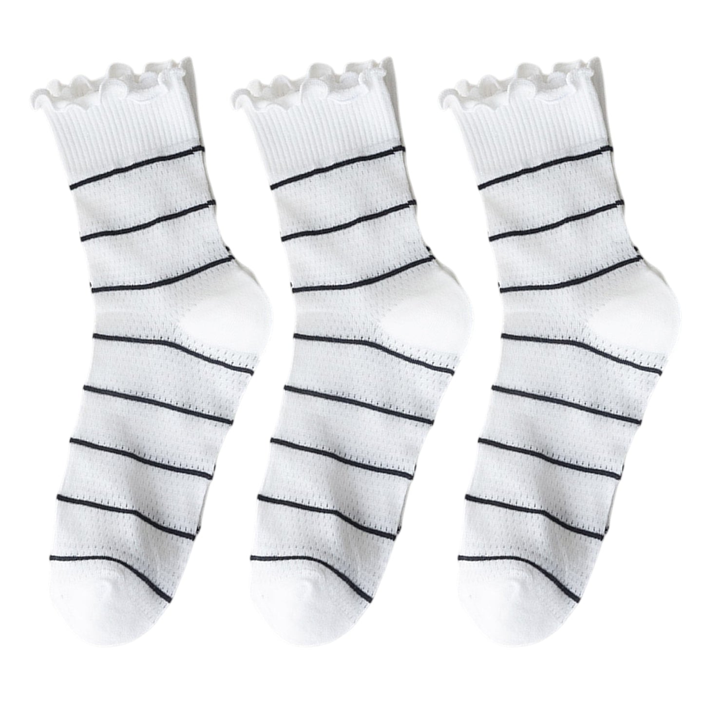 Anna-Kaci 3 Pairs Women's Sheer Mesh Socks with Bow and Stripe Patterns and Ruffled Cuff