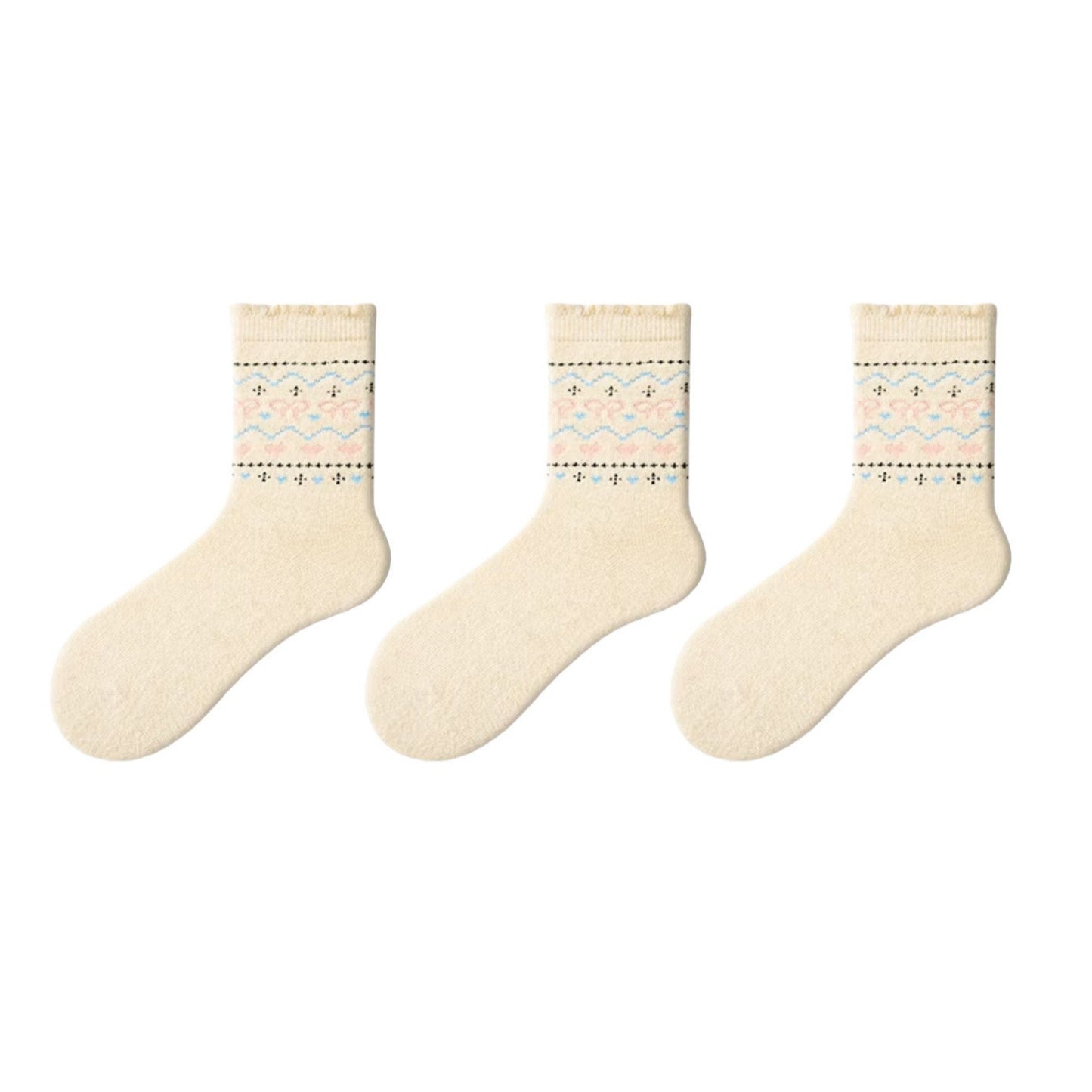 Anna-Kaci Women's 3-Pair Pack Crew Socks with Heart and Bow Pattern Knit Design Perfect for Gifting and Everyday Wear