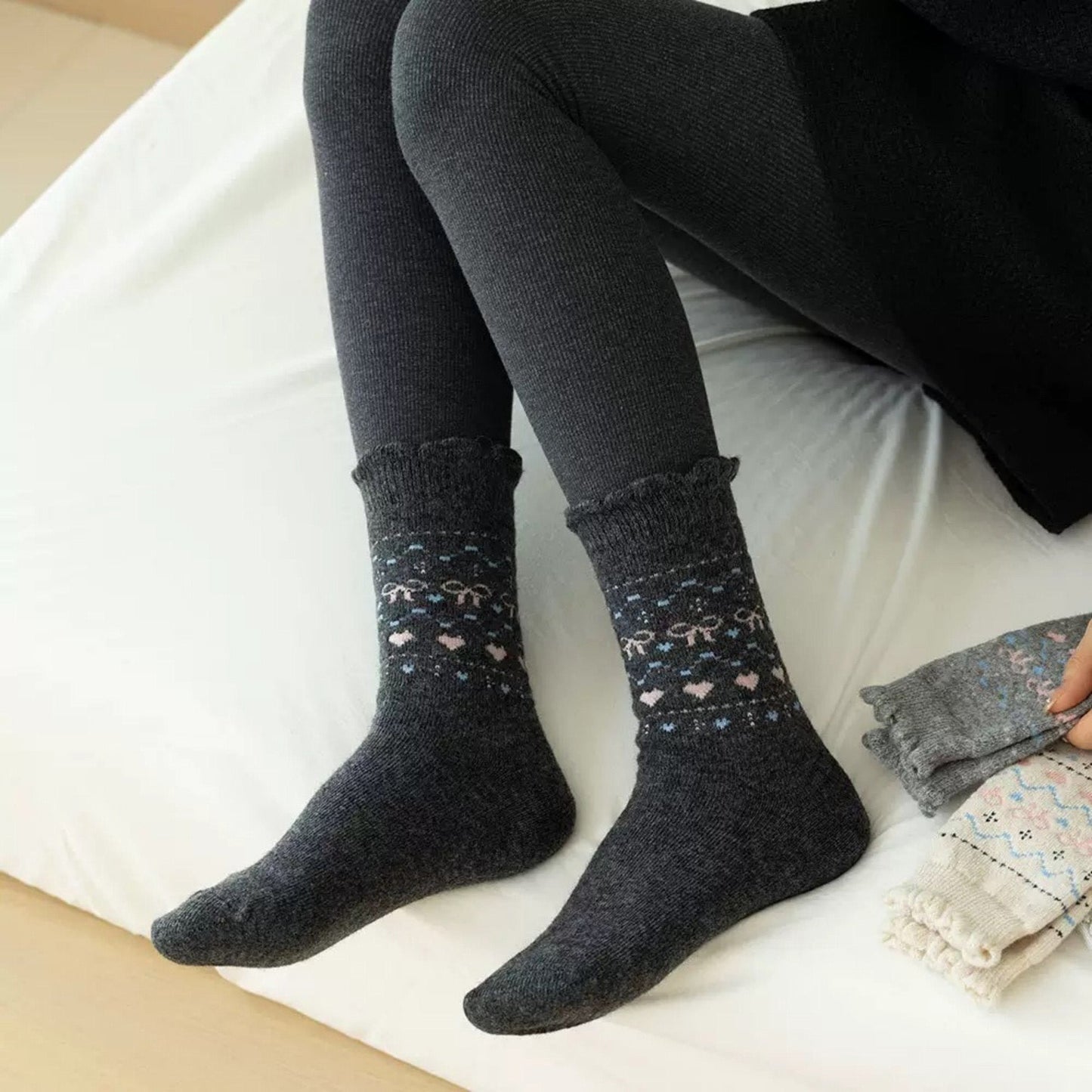 Anna-Kaci Women's 3-Pair Pack Crew Socks with Heart and Bow Pattern Knit Design Perfect for Gifting and Everyday Wear