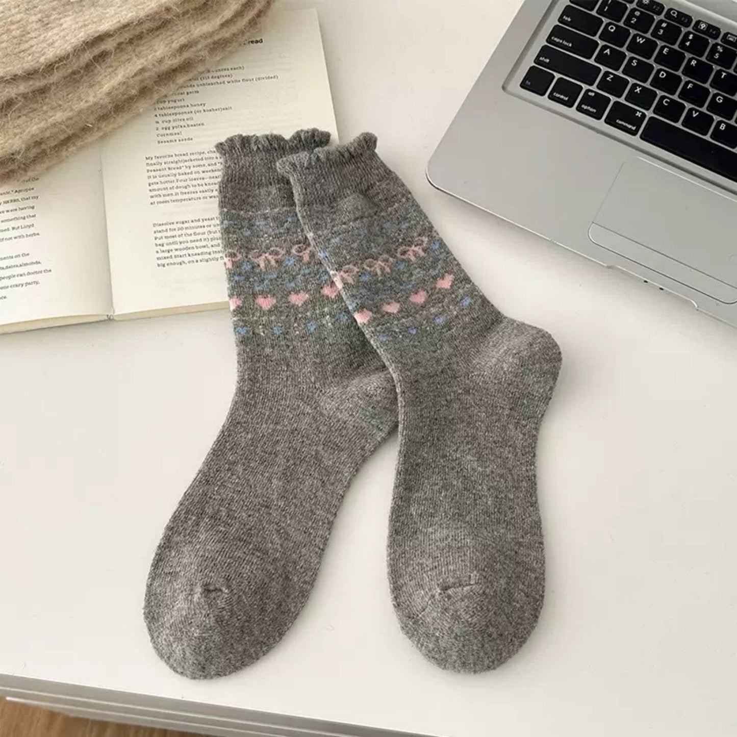 Anna-Kaci Women's 3-Pair Pack Crew Socks with Heart and Bow Pattern Knit Design Perfect for Gifting and Everyday Wear