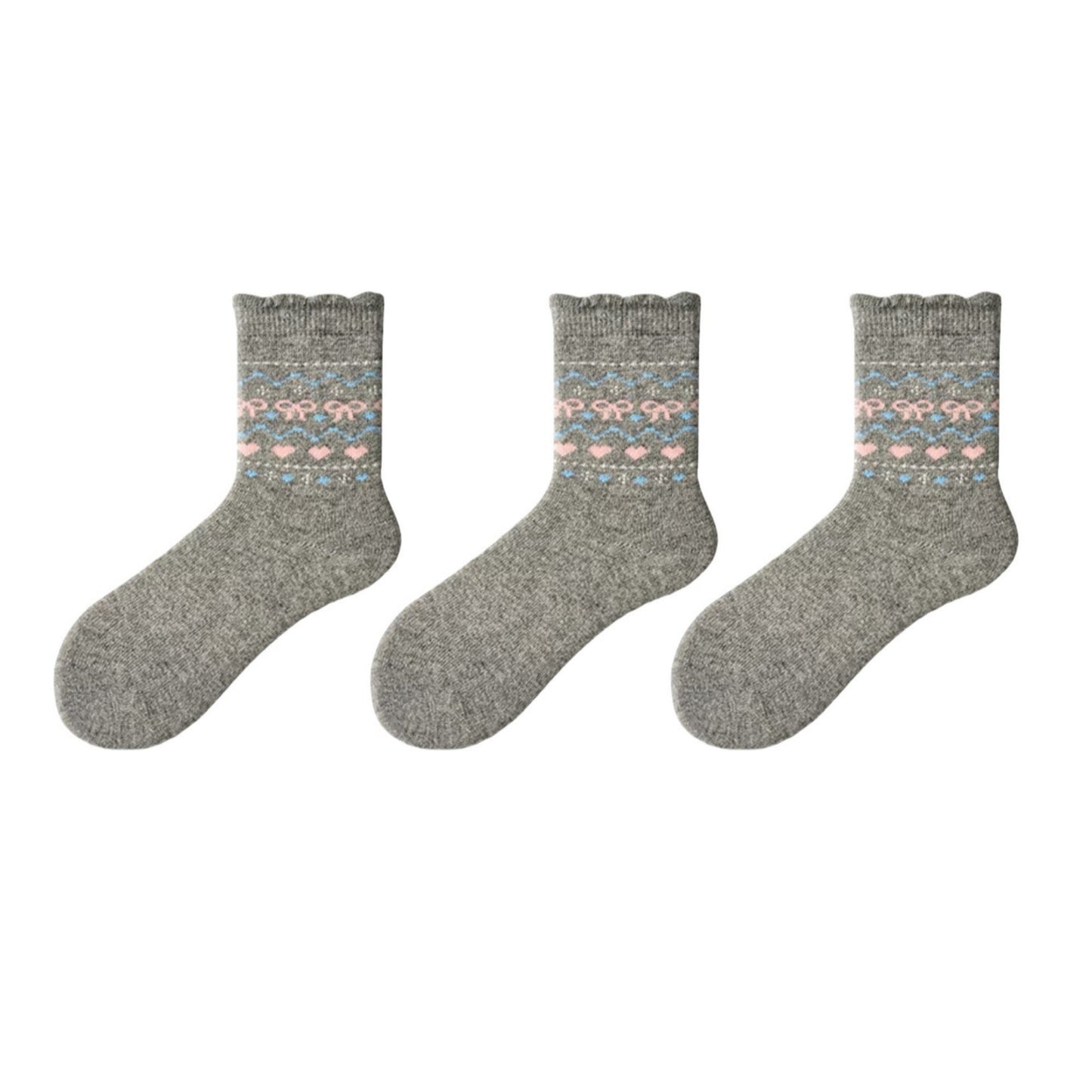 Anna-Kaci Women's 3-Pair Pack Crew Socks with Heart and Bow Pattern Knit Design Perfect for Gifting and Everyday Wear