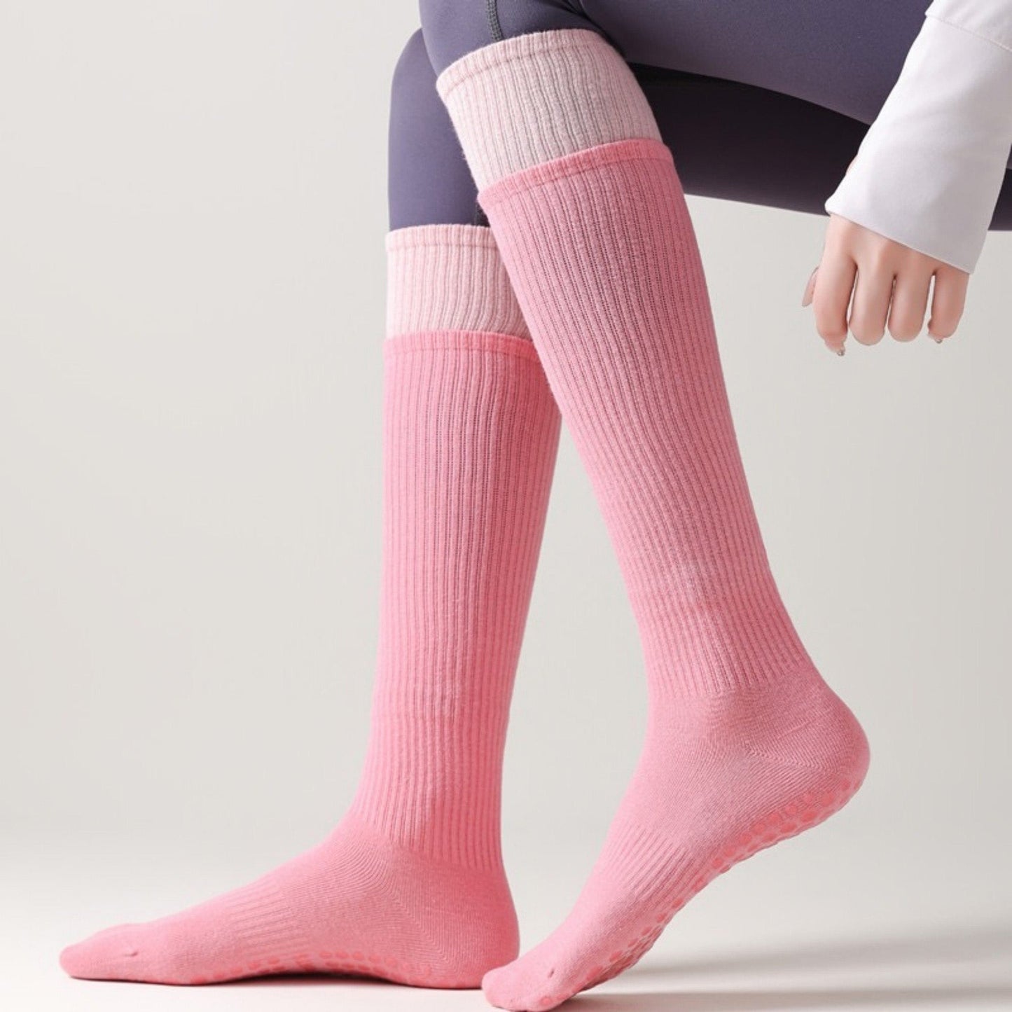 Anna-Kaci 2-Pair Knee High Grip Bottom Socks with Ribbed Knit Design and Cushioned Comfort for Yoga, Pilates, and Dance