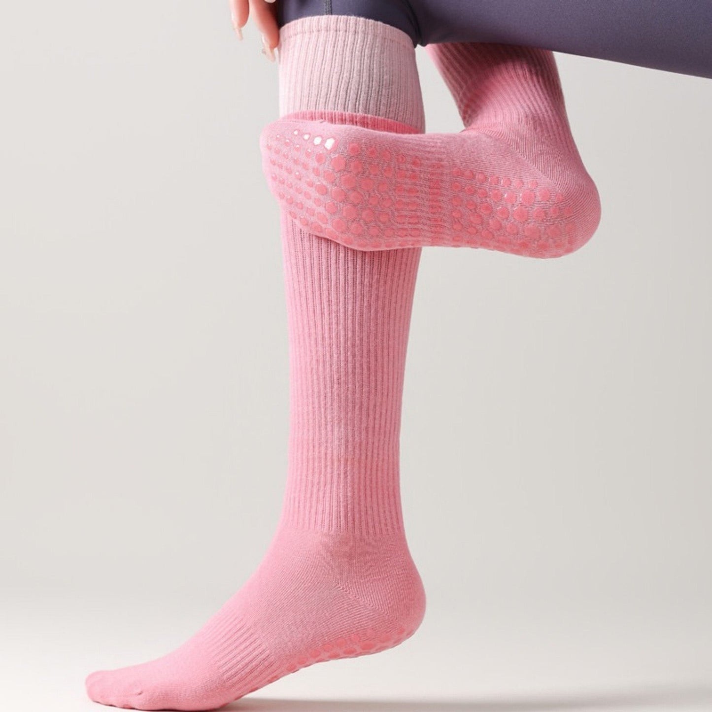 Anna-Kaci 2-Pair Knee High Grip Bottom Socks with Ribbed Knit Design and Cushioned Comfort for Yoga, Pilates, and Dance