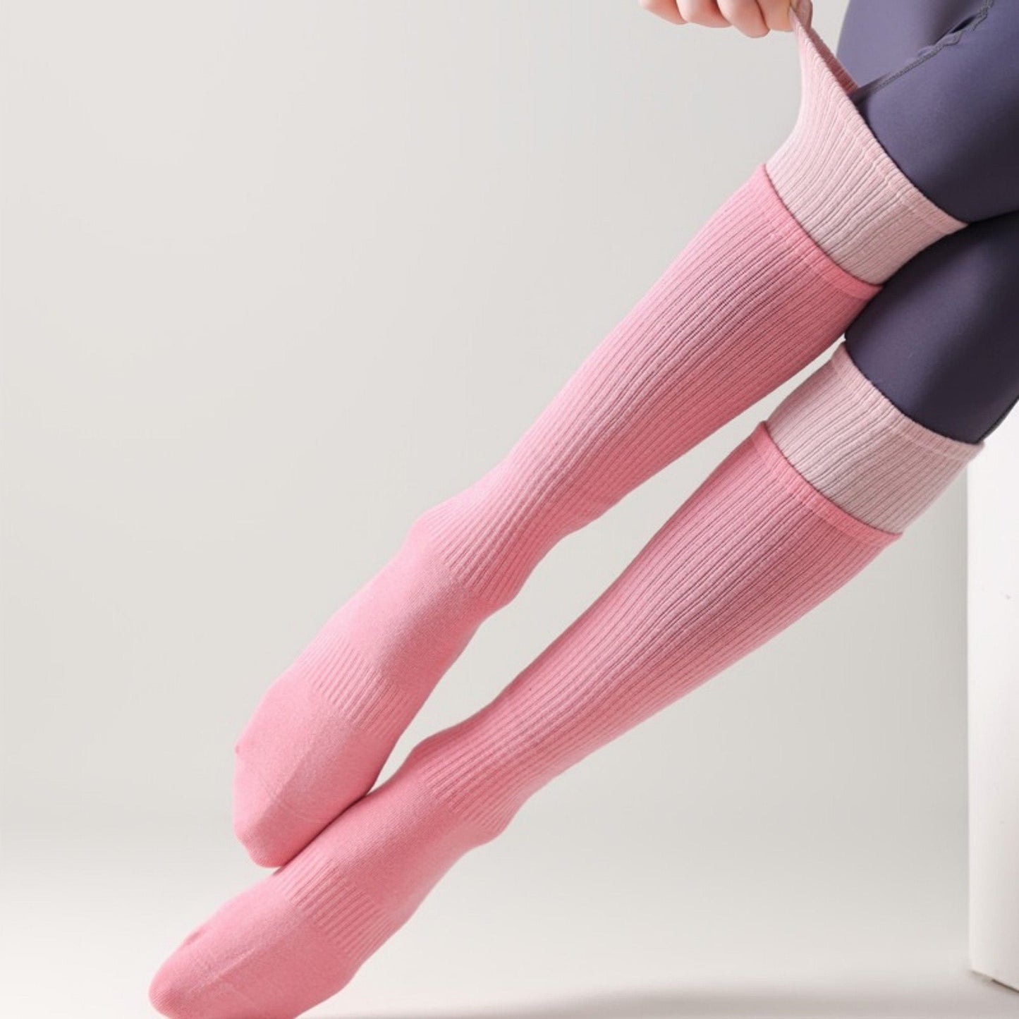 Anna-Kaci 2-Pair Knee High Grip Bottom Socks with Ribbed Knit Design and Cushioned Comfort for Yoga, Pilates, and Dance