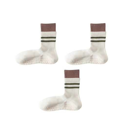 Anna-Kaci 3-Pair Mid-Calf Grip Bottom Socks with Striped Cuff and Soft Ribbed Knit for Everyday Comfort and Stability