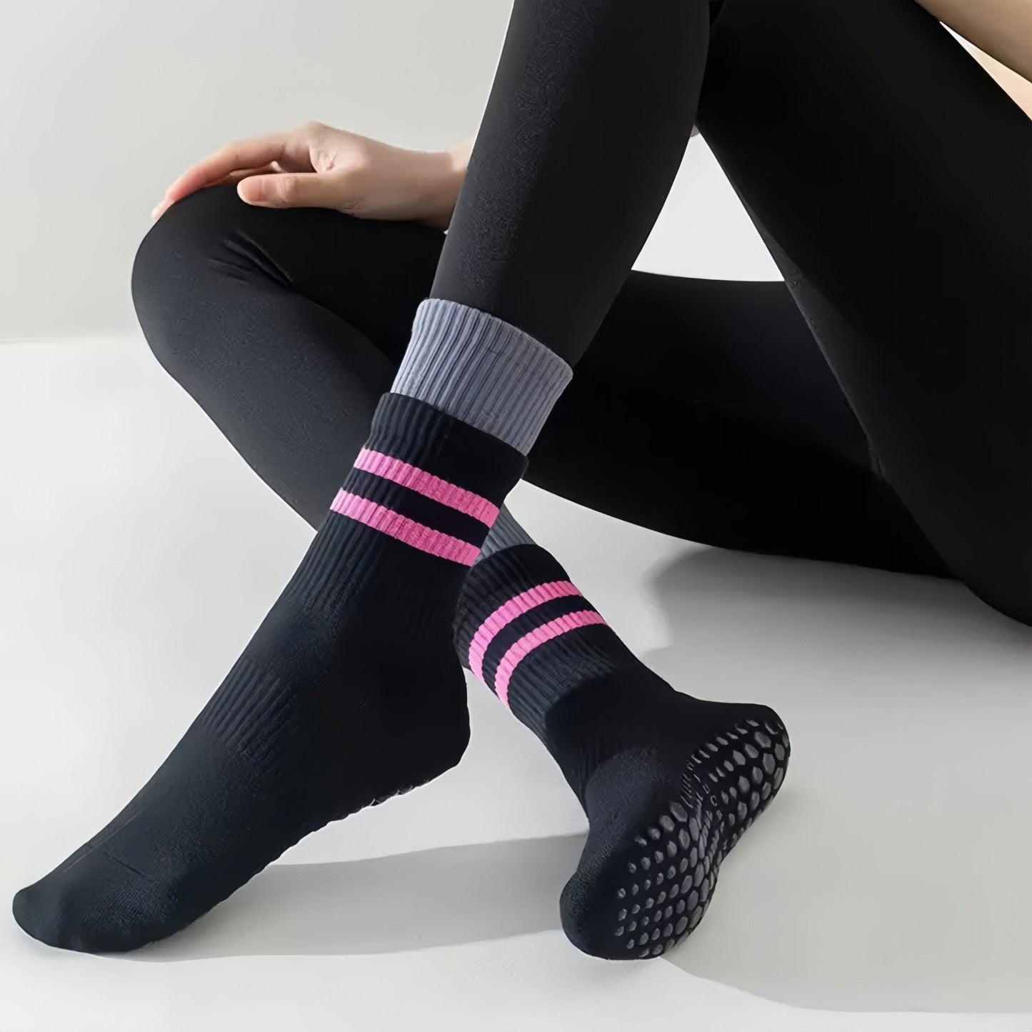 Anna-Kaci 3-Pair Mid-Calf Grip Bottom Socks with Striped Cuff and Soft Ribbed Knit for Everyday Comfort and Stability