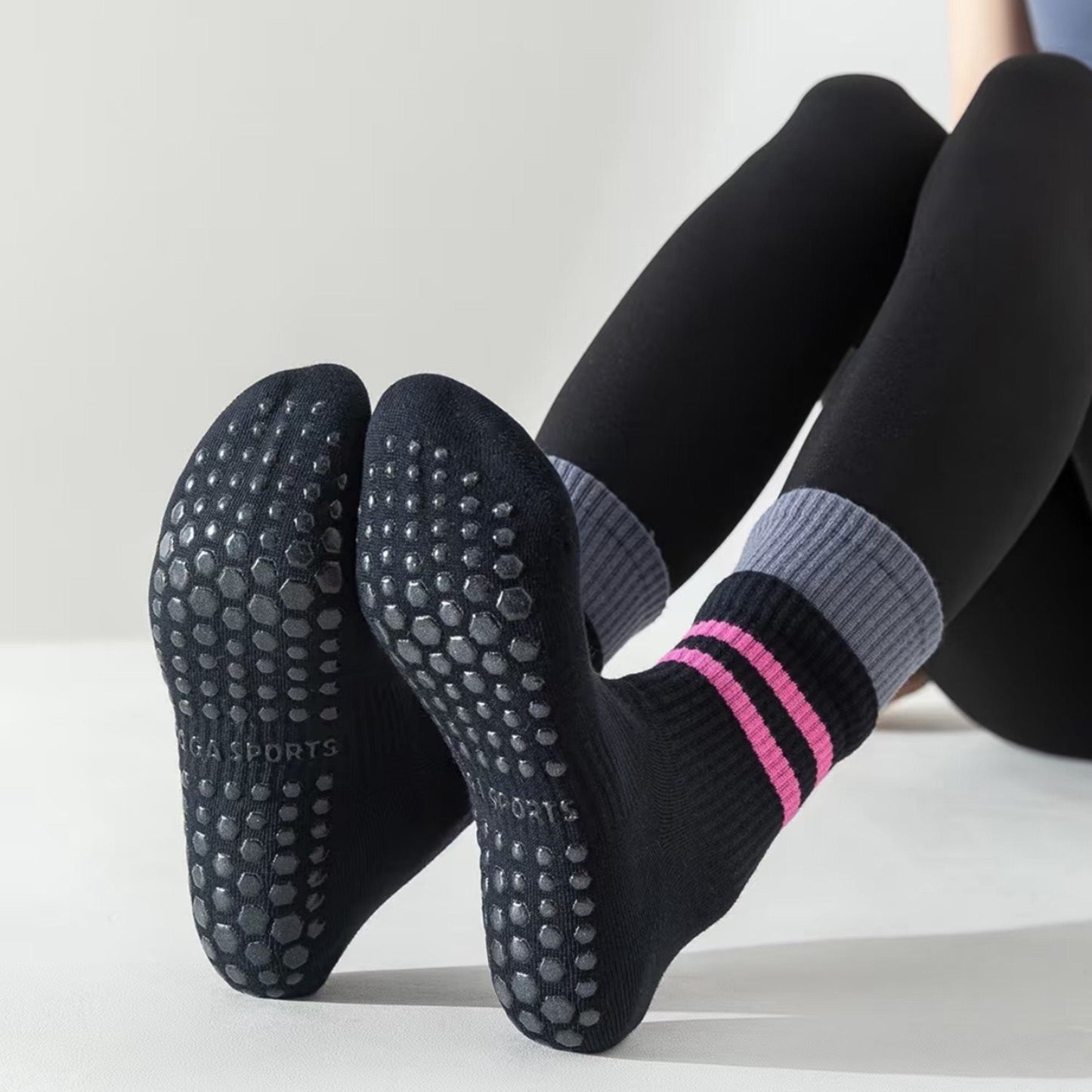 Anna-Kaci 3-Pair Mid-Calf Grip Bottom Socks with Striped Cuff and Soft Ribbed Knit for Everyday Comfort and Stability