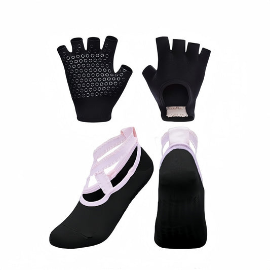 Anna-Kaci Yoga and Pilates Grip Sock and Fingerless Glove Set with Anti-Slip Design and Elastic Straps for Secure Fit