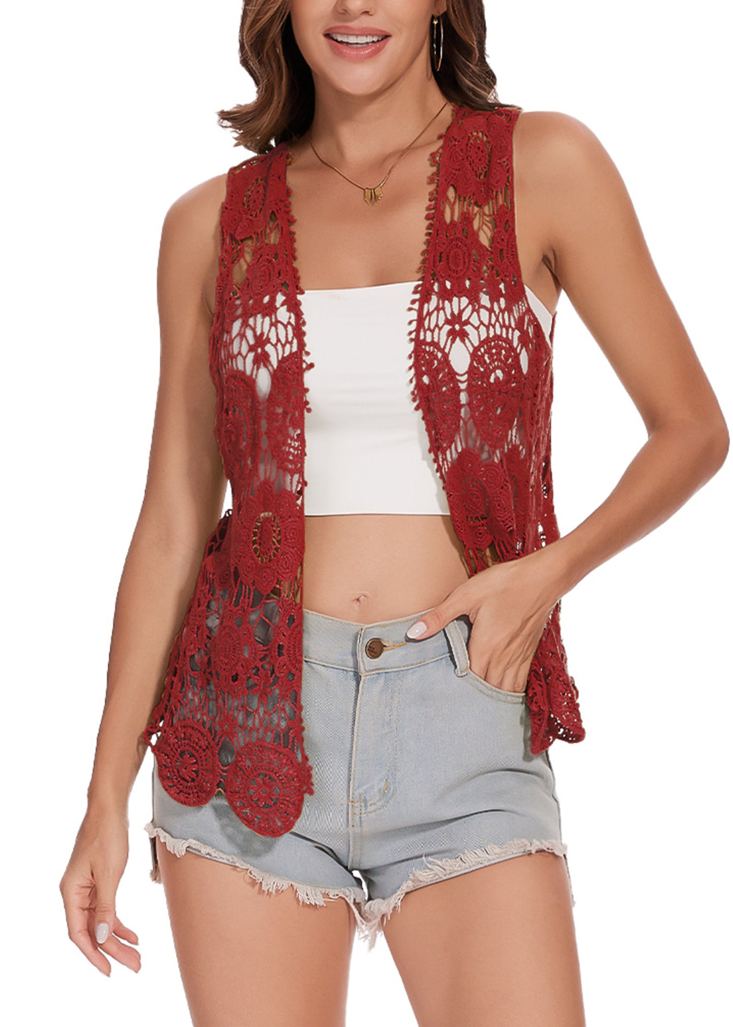 Floral Crochet Open Front Vest