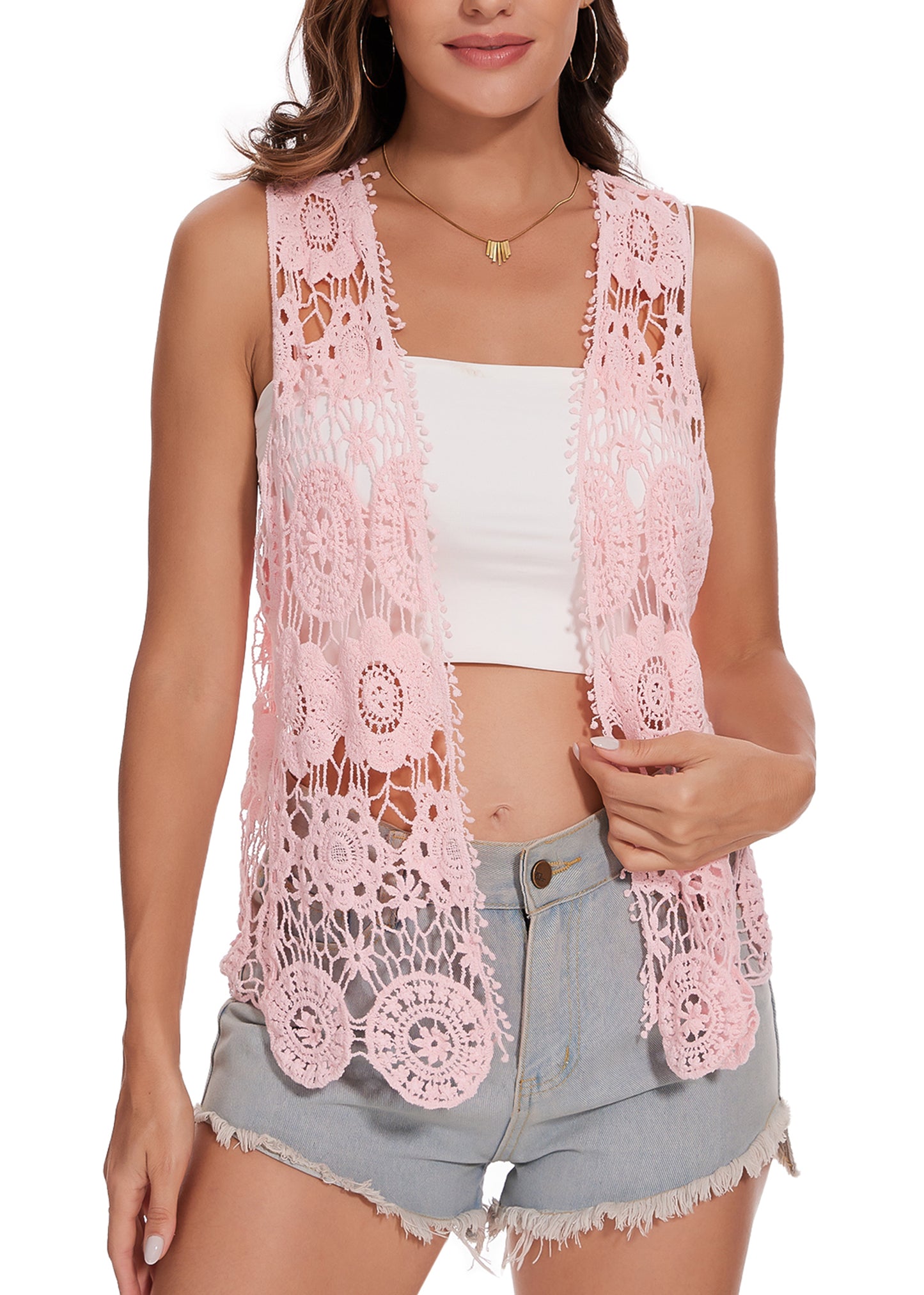 Floral Crochet Open Front Vest