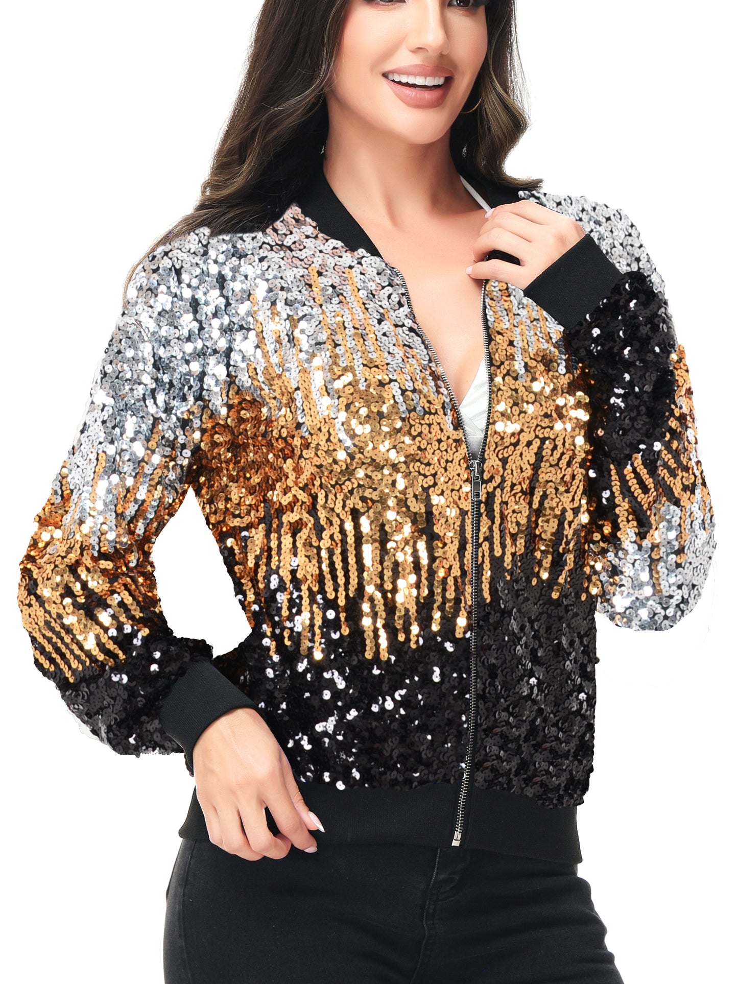 Striped Metallic Sequin Varsity Jacket