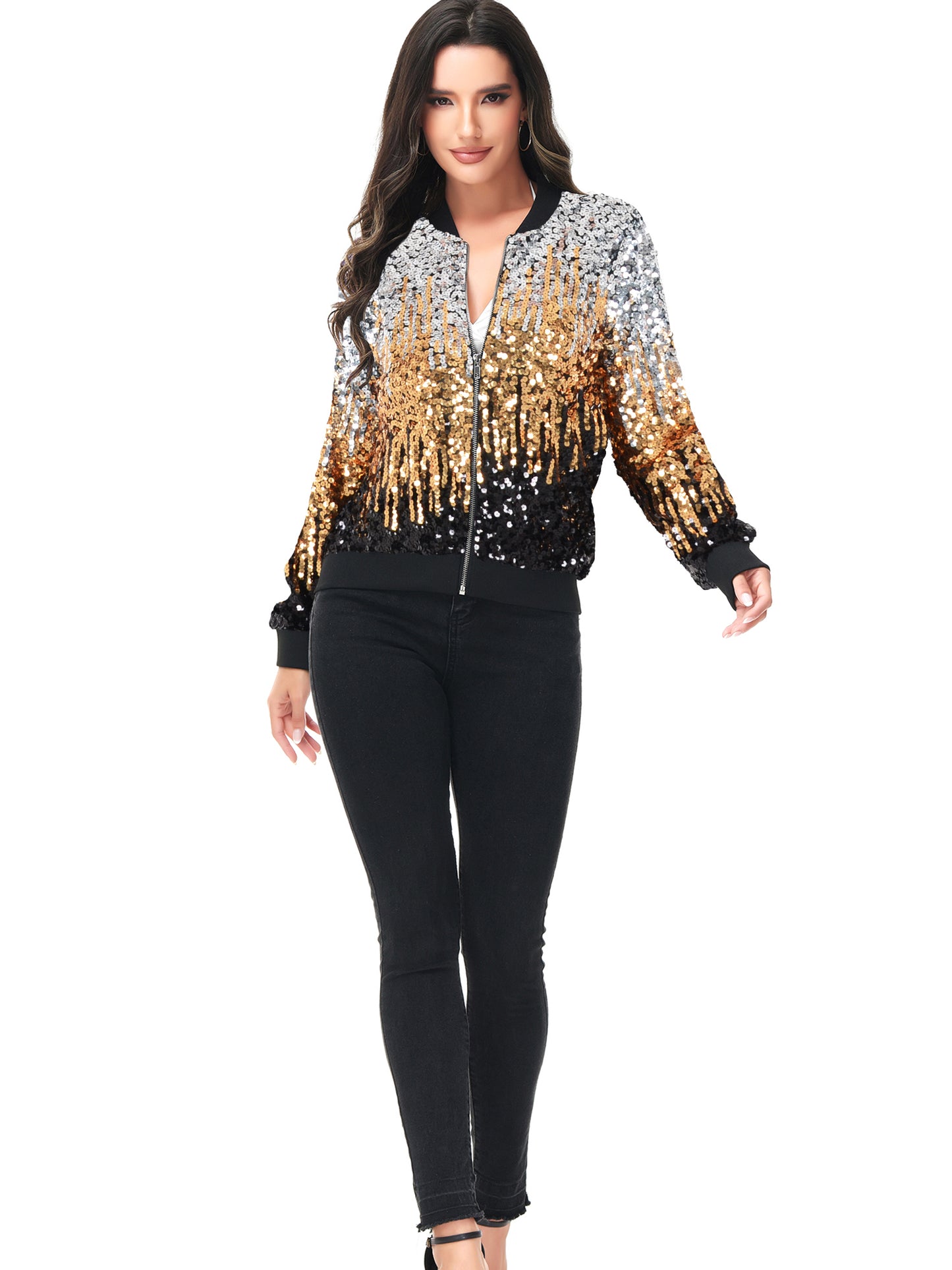 Striped Metallic Sequin Varsity Jacket