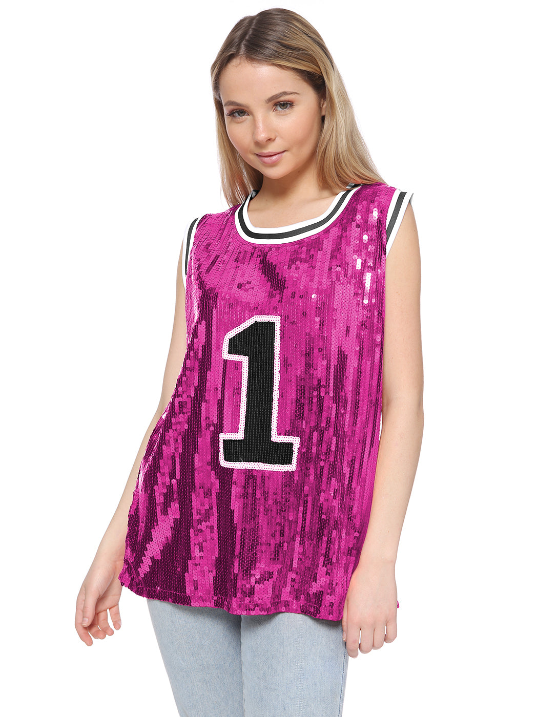 Sparkle Glitter Hip Hop Number 1 T-Shirt Top Blouse Tunic Sequins Basketball Tank Vests