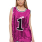 Sparkle Glitter Hip Hop Number 1 T-Shirt Top Blouse Tunic Sequins Basketball Tank Vests