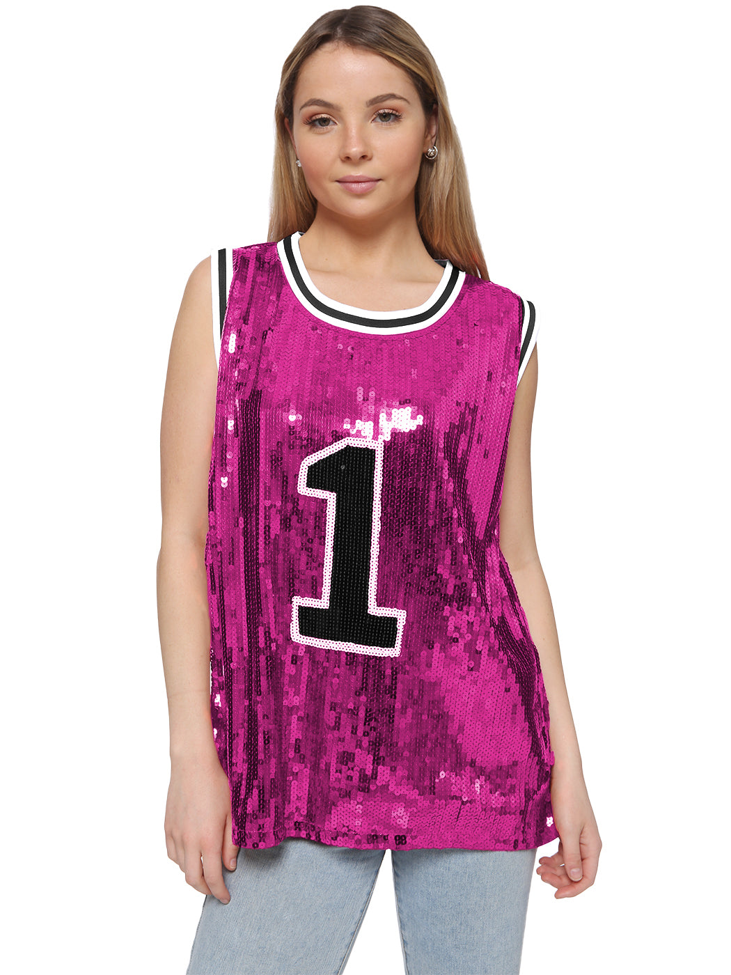 Sparkle Glitter Hip Hop Number 1 T-Shirt Top Blouse Tunic Sequins Basketball Tank Vests