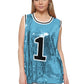 Sparkle Glitter Hip Hop Number 1 T-Shirt Top Blouse Tunic Sequins Basketball Tank Vests