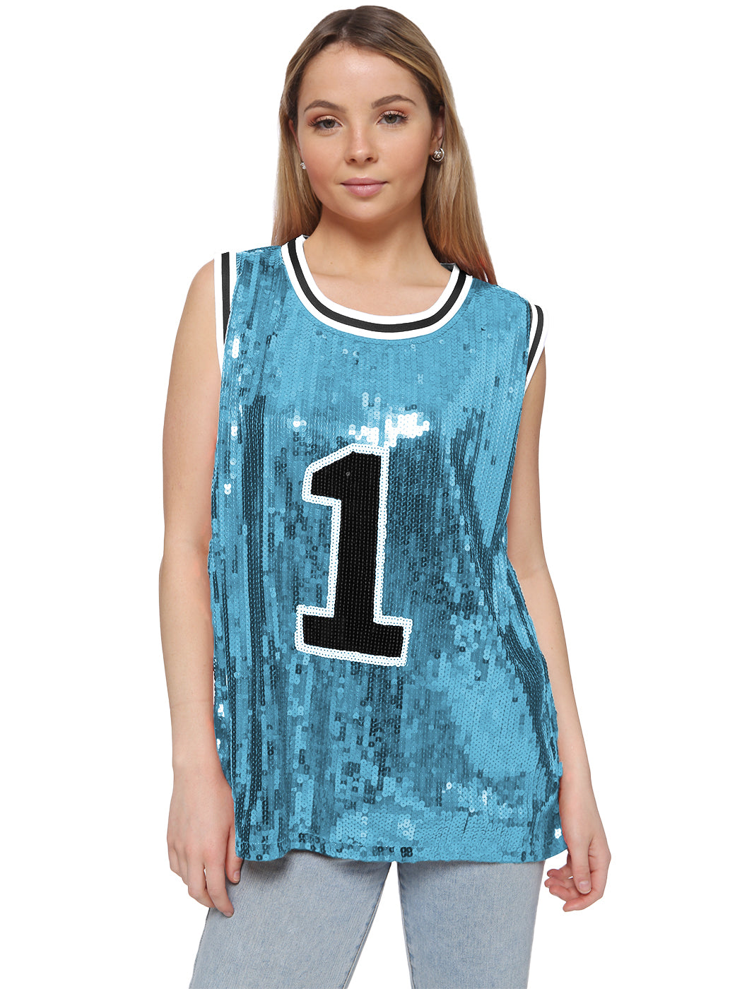 Sparkle Glitter Hip Hop Number 1 T-Shirt Top Blouse Tunic Sequins Basketball Tank Vests