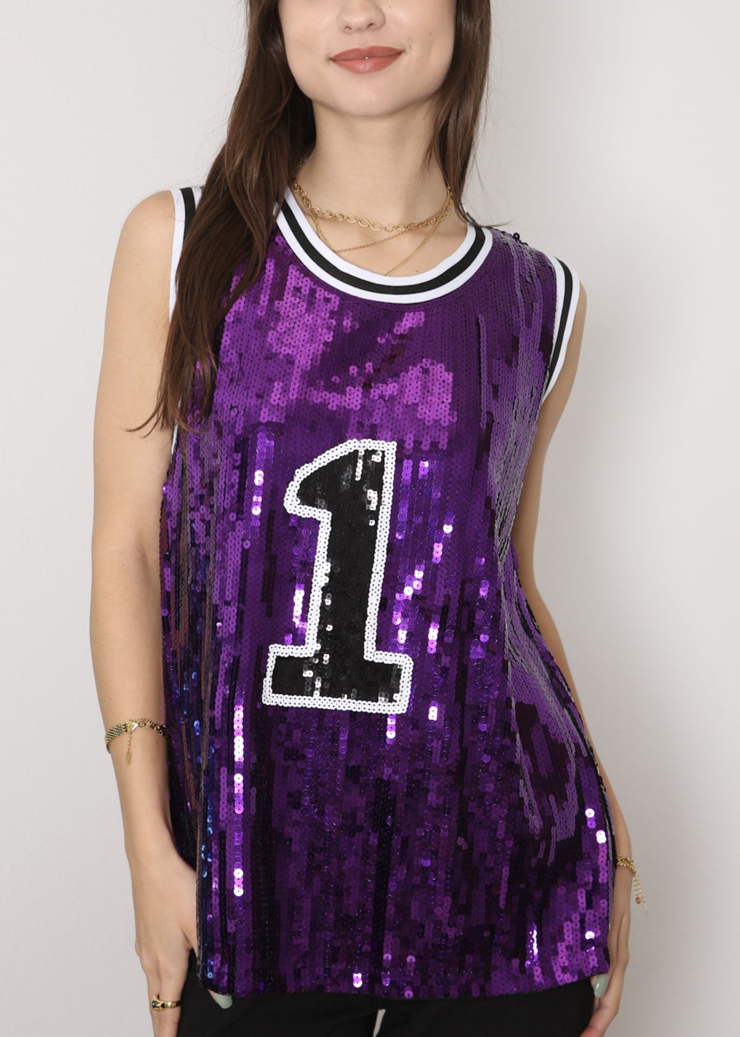 Sparkle Glitter Hip Hop Number 1 T-Shirt Top Blouse Tunic Sequins Basketball Tank Vests