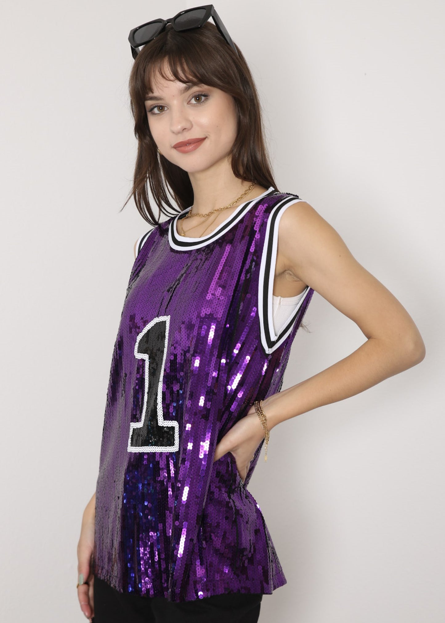 Sparkle Glitter Hip Hop Number 1 T-Shirt Top Blouse Tunic Sequins Basketball Tank Vests