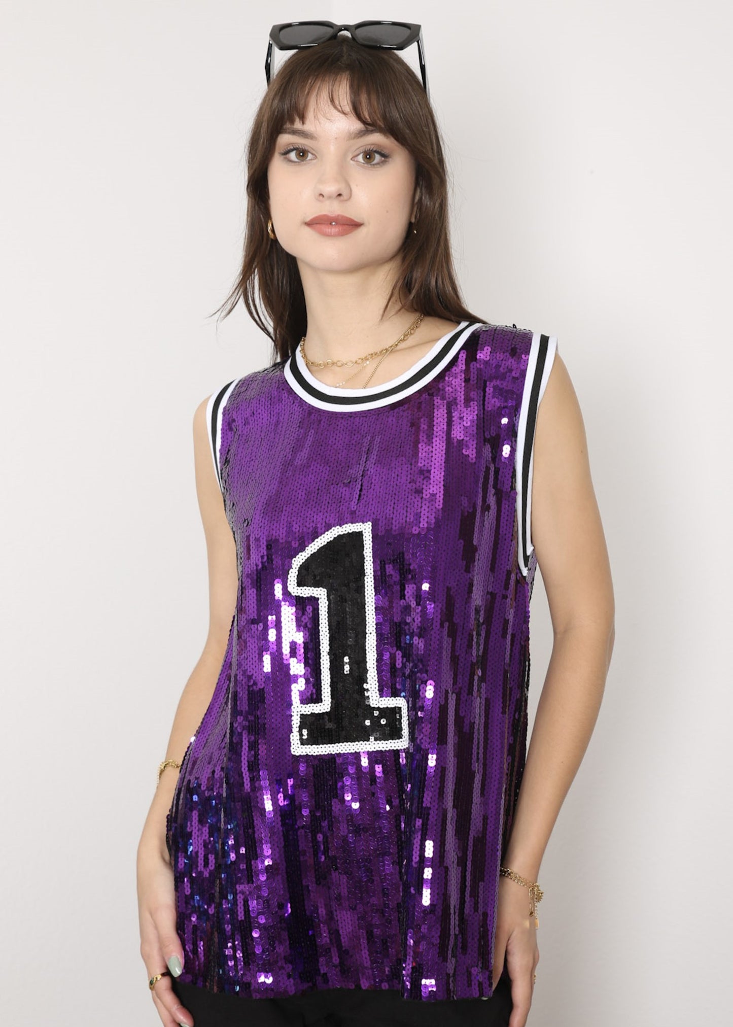 Sparkle Glitter Hip Hop Number 1 T-Shirt Top Blouse Tunic Sequins Basketball Tank Vests