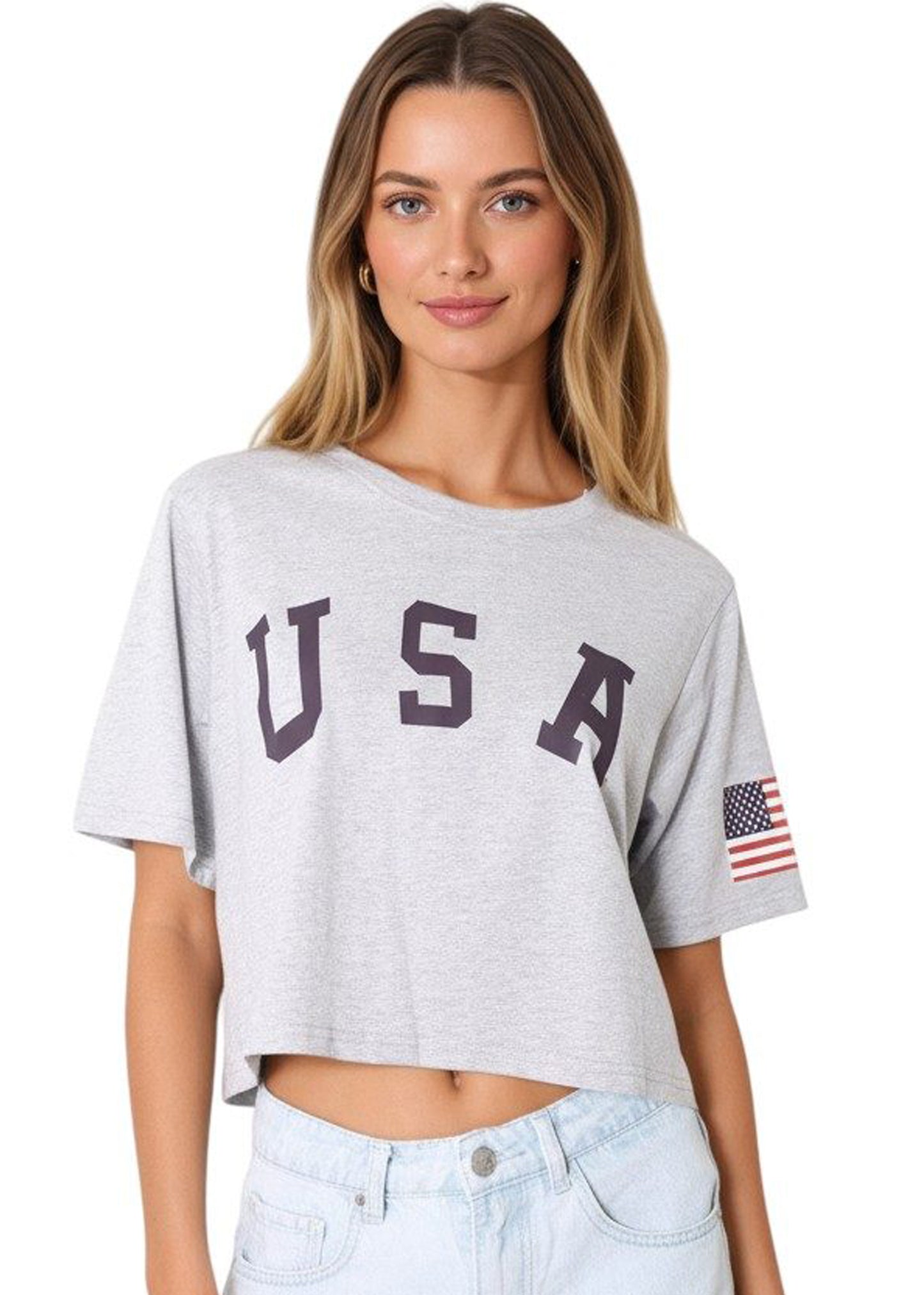 Letter Print Crop Top Short Sleeve July 4th USA Flag T-Shirt - ALILANG.COM