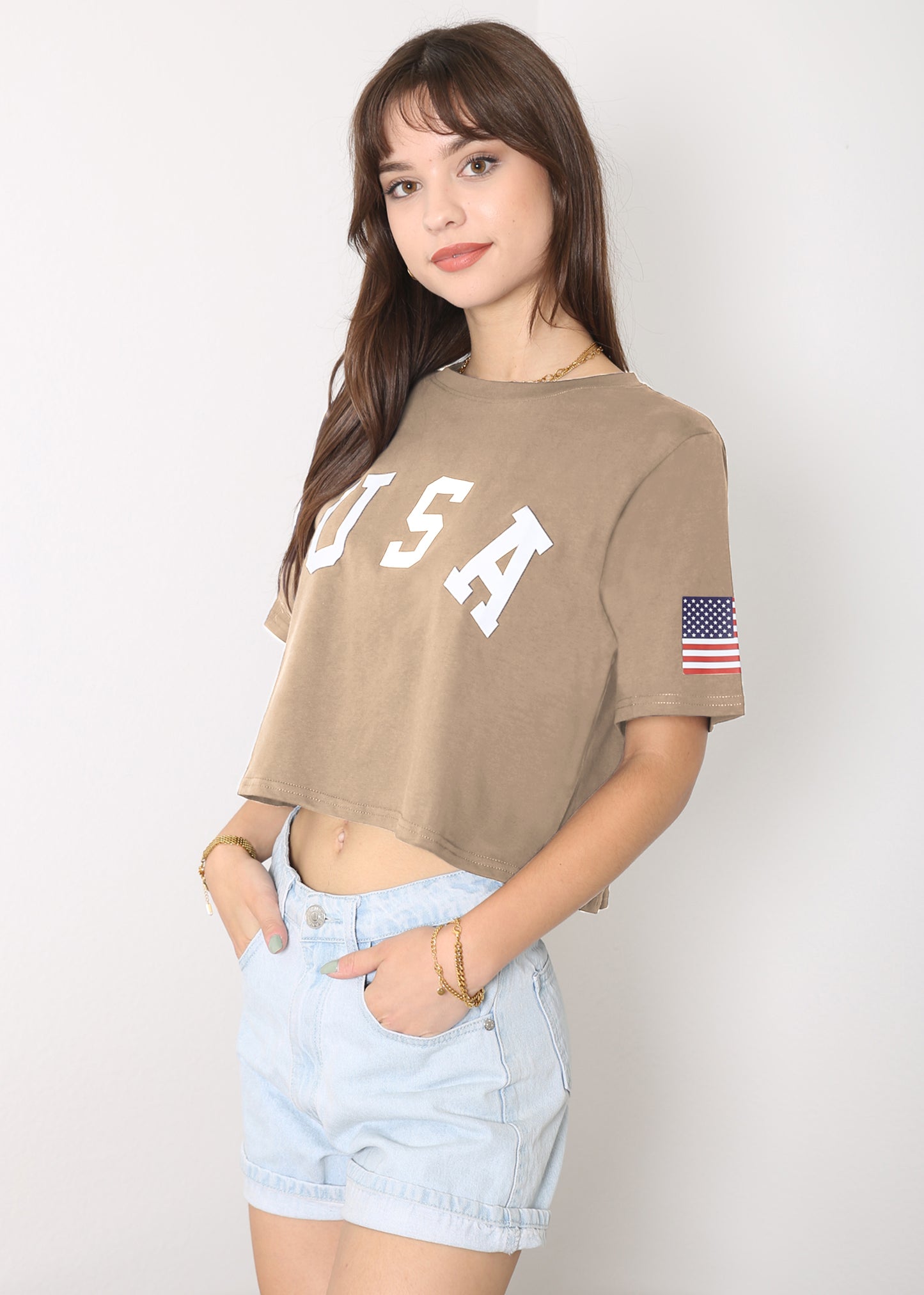 Letter Print Crop Top Short Sleeve July 4th USA Flag T-Shirt